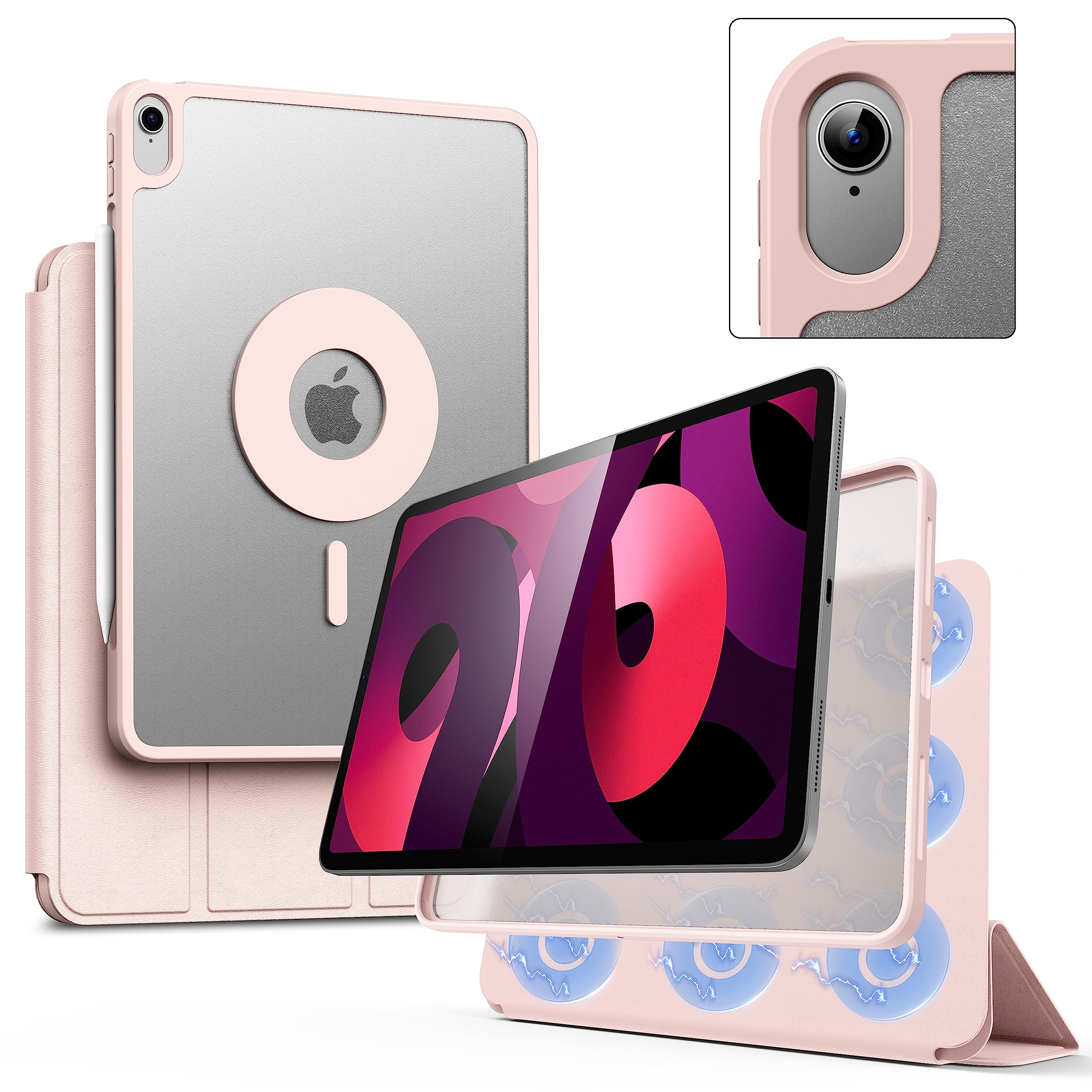 Premium Magnetic Case for iPad Air 4/5 (10.9 Inch) - Detachable Trifold Stand Cover with Apple Pencil Holder | Auto Sleep/Wake Function | Perfect for Work, Study & Travel (Pink)