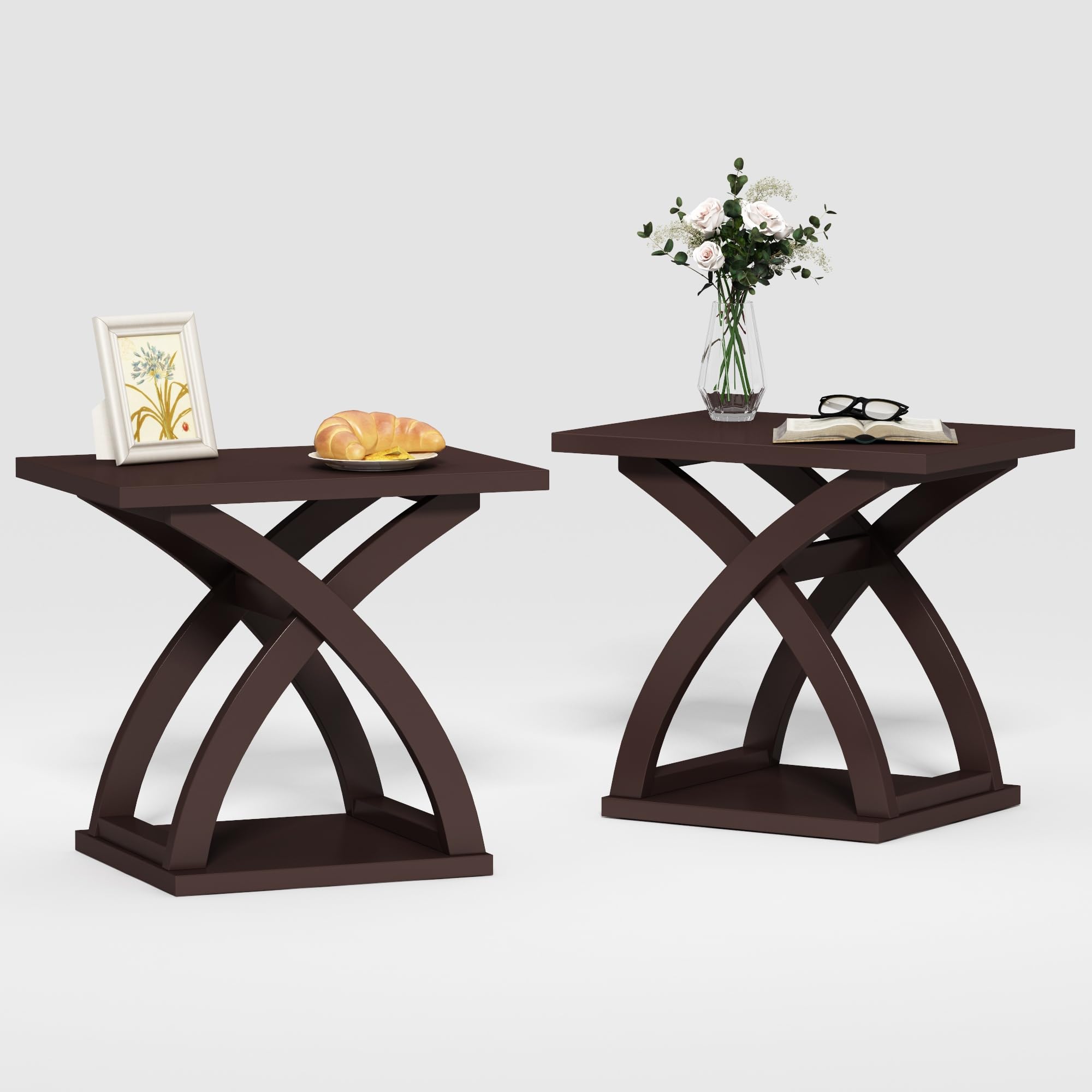 ChooChoo 2-Piece Modern End Table Set with Storage Shelf - X-Design Side Tables for Living Room, Bedroom & Office - Espresso Finish - Space Saving Furniture for Small Spaces