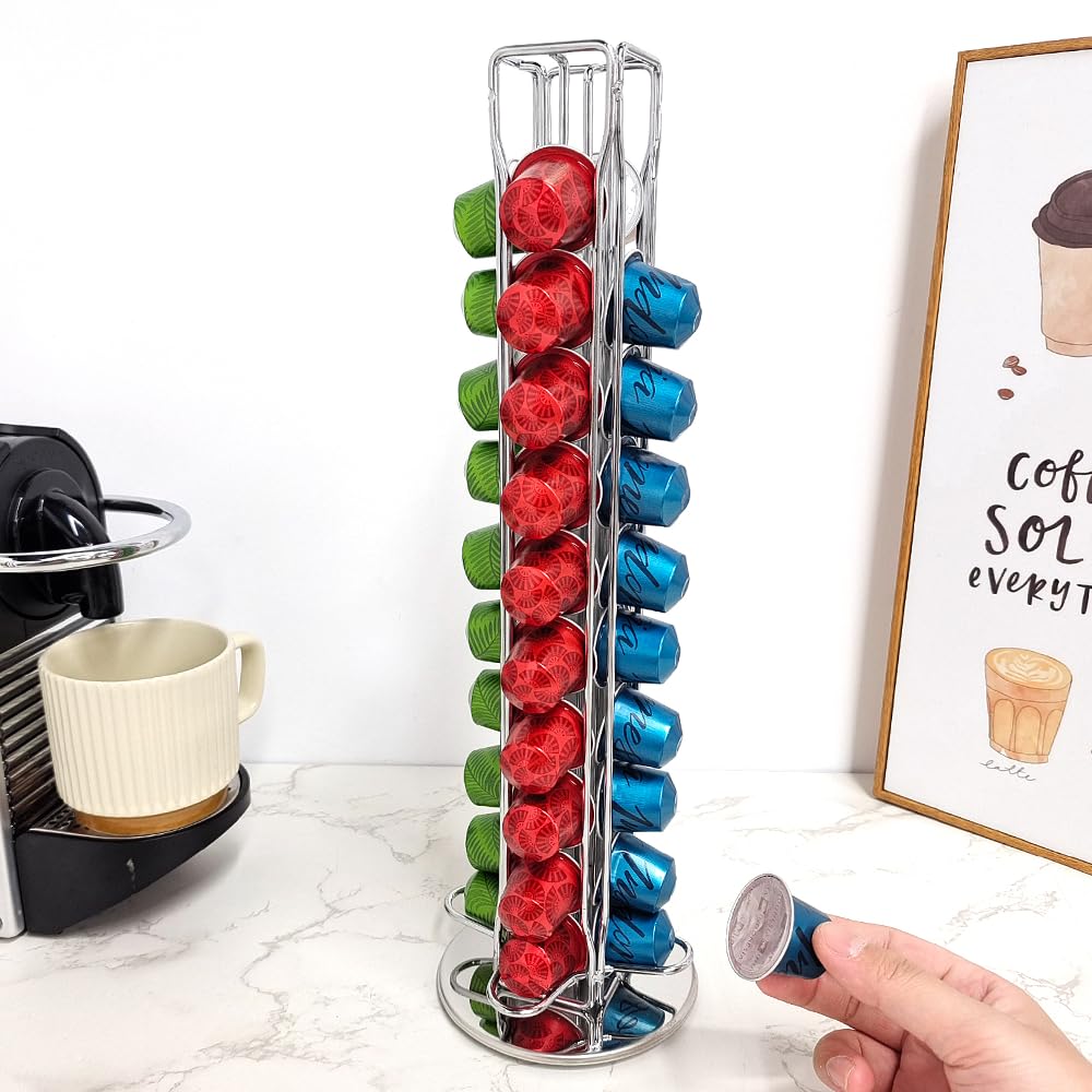 Rotating Coffee Pod Holder Organizer - 40 Capsule Storage for Nespresso OriginalLine - Space Saving Coffee Pod Dispenser for Home, Office & Kitchen - Silver (Perfect for Countertop & Cabinet Organization)