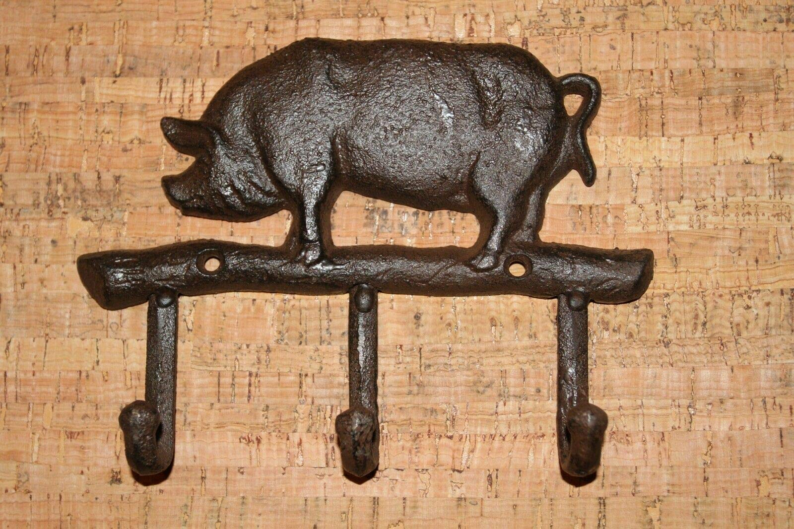 Rustic Barnyard Pig Wall Hooks & Flying Pig Wall Plaque Set - Farmhouse Decor Bundle of 3 for Kitchen, Entryway or Bathroom Organization