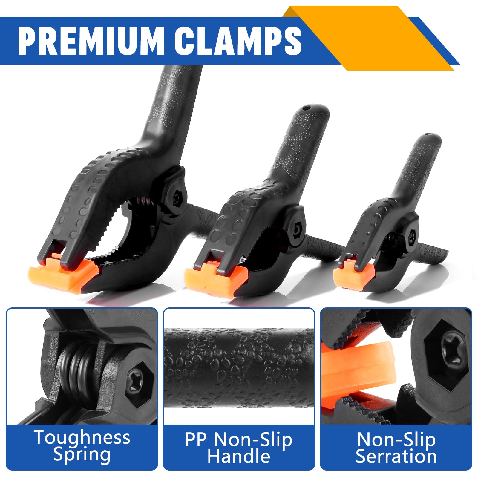 12 Pack Heavy Duty Plastic Spring Clamps Set - 3 Sizes (3.5
