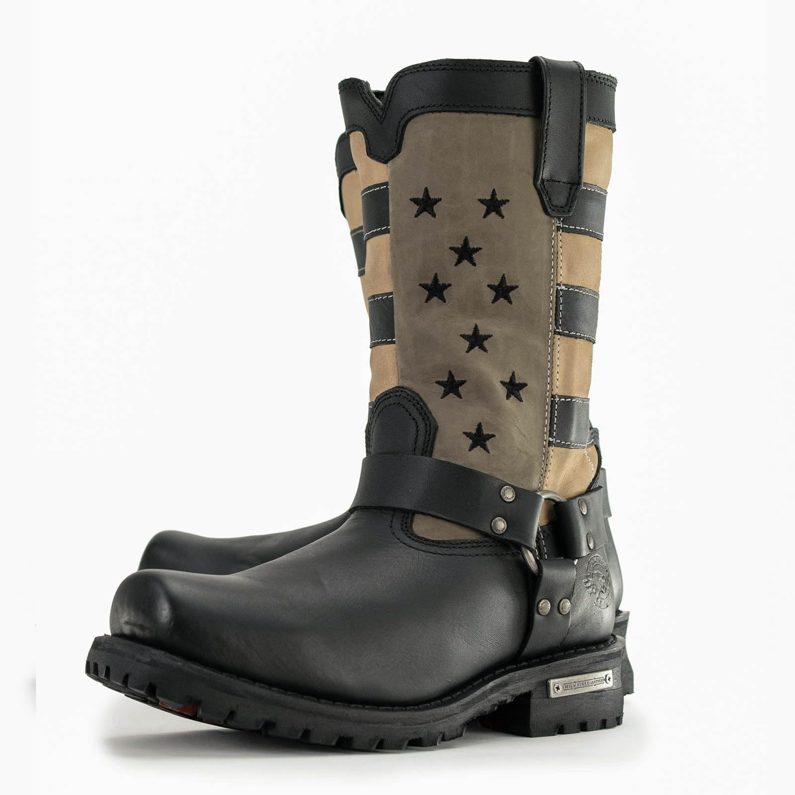 Milwaukee Leather Men's Stars and Stripes Black with Tan Motorcycle Boots - Harness Riding Boots for Men Size 7.5 (MBM9045) - Perfect for Cruising, Biker Events & Motorcycle Rides