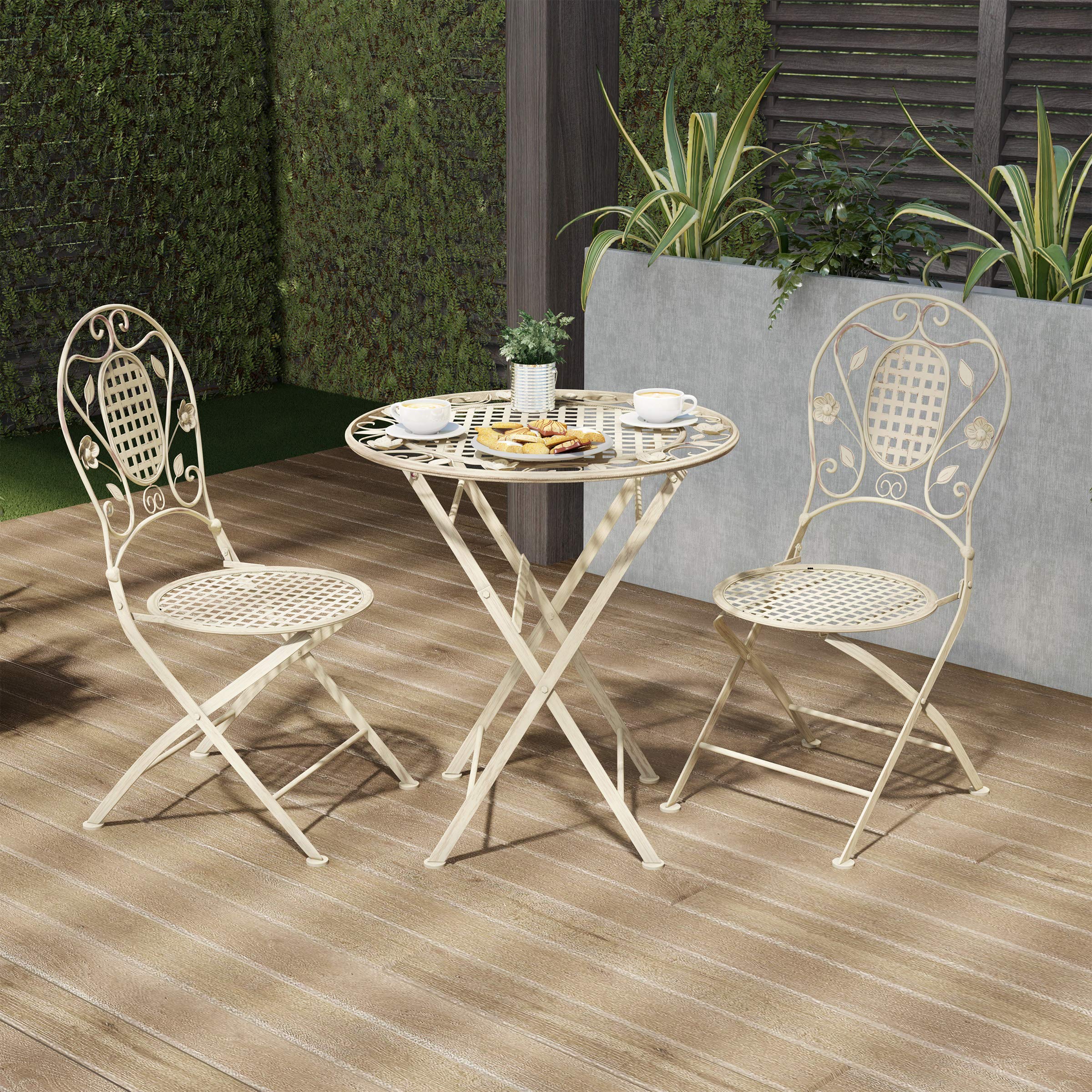 **Lavish Home 3-Piece Folding Bistro Set - Outdoor Patio Table and Chairs for Garden, Porch, or Backyard - Antique White - Perfect for Small Spaces, Balconies, and Outdoor Dining**