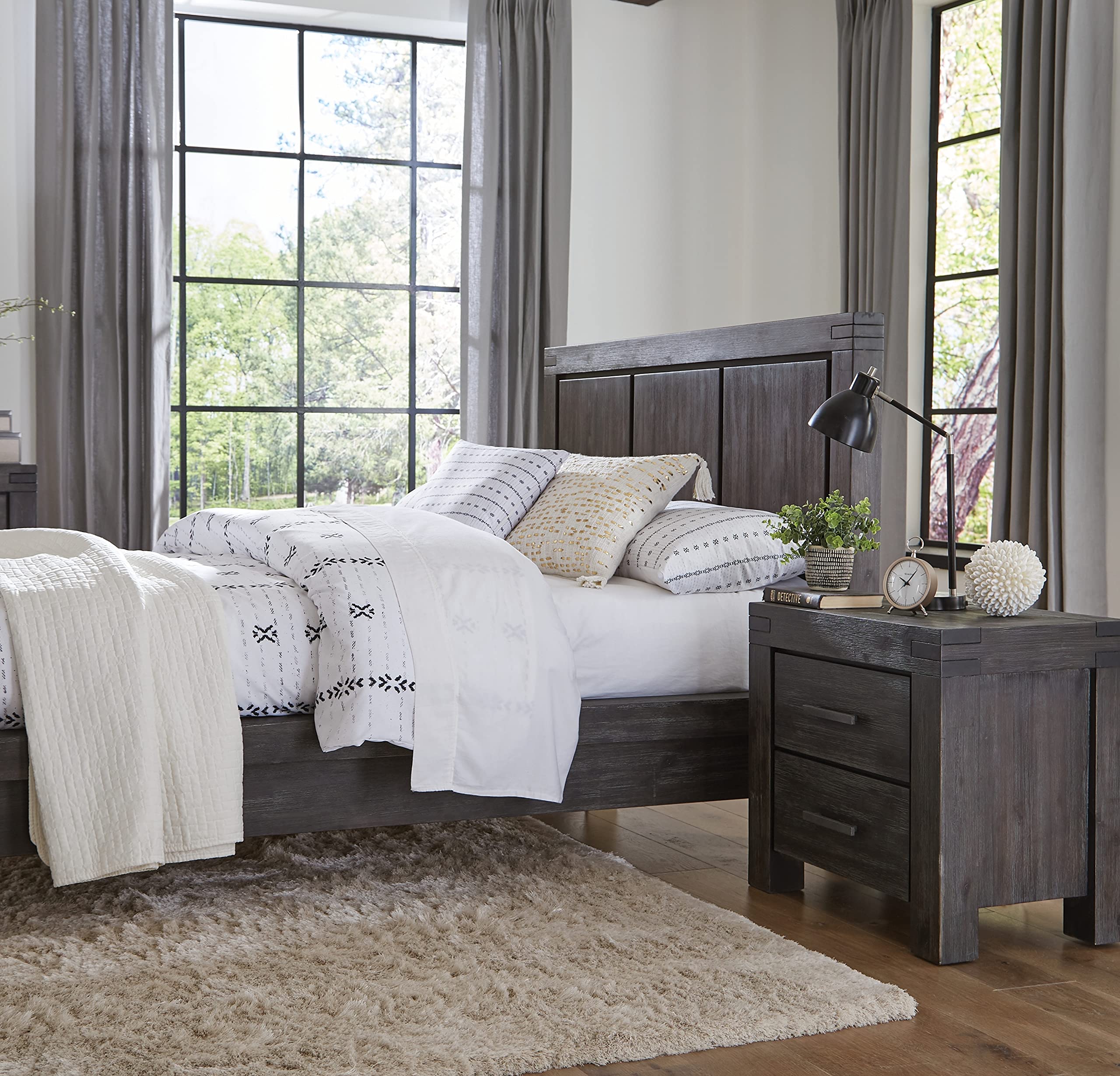 Modus Furniture Solid Wood Nightstand with 2 Drawers - Meadow Graphite Finish | Bedside Table for Bedroom, Living Room & Guest Room Storage