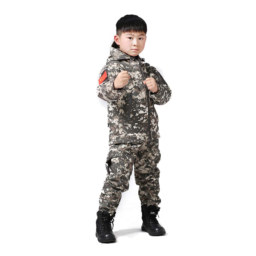 Kids Camouflage Softshell Jacket & Pants Set - Waterproof Windproof Outdoor Hooded Coat for Boys Girls Hunting Hiking Camping
