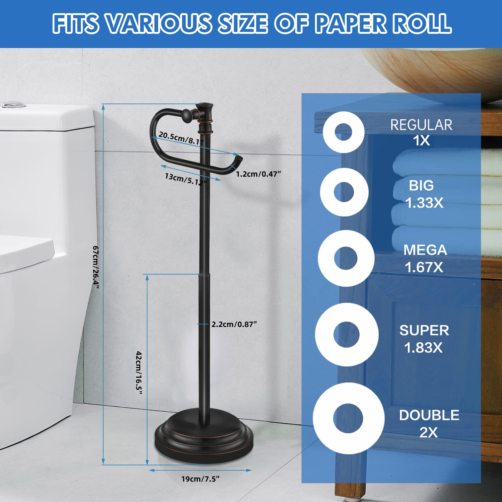 RUMOSE Free Standing Toilet Paper Holder Stand - Adjustable Floor Toilet Tissue Dispenser (12.4