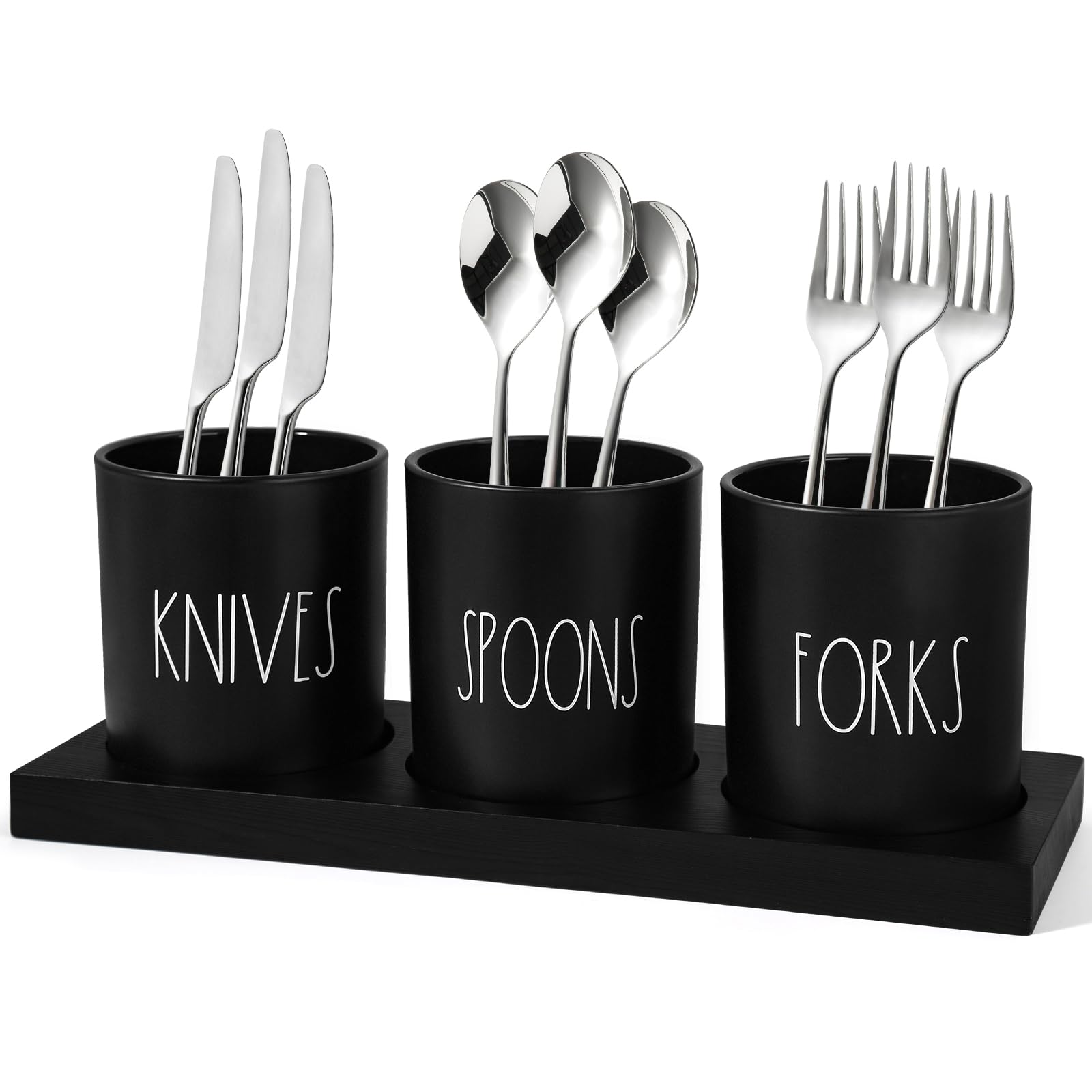 4-Piece Black Silverware Caddy with Wood Tray - Farmhouse Kitchen Utensil Holder for Countertop Organization - Perfect for Parties, Dining & Farmhouse Decor