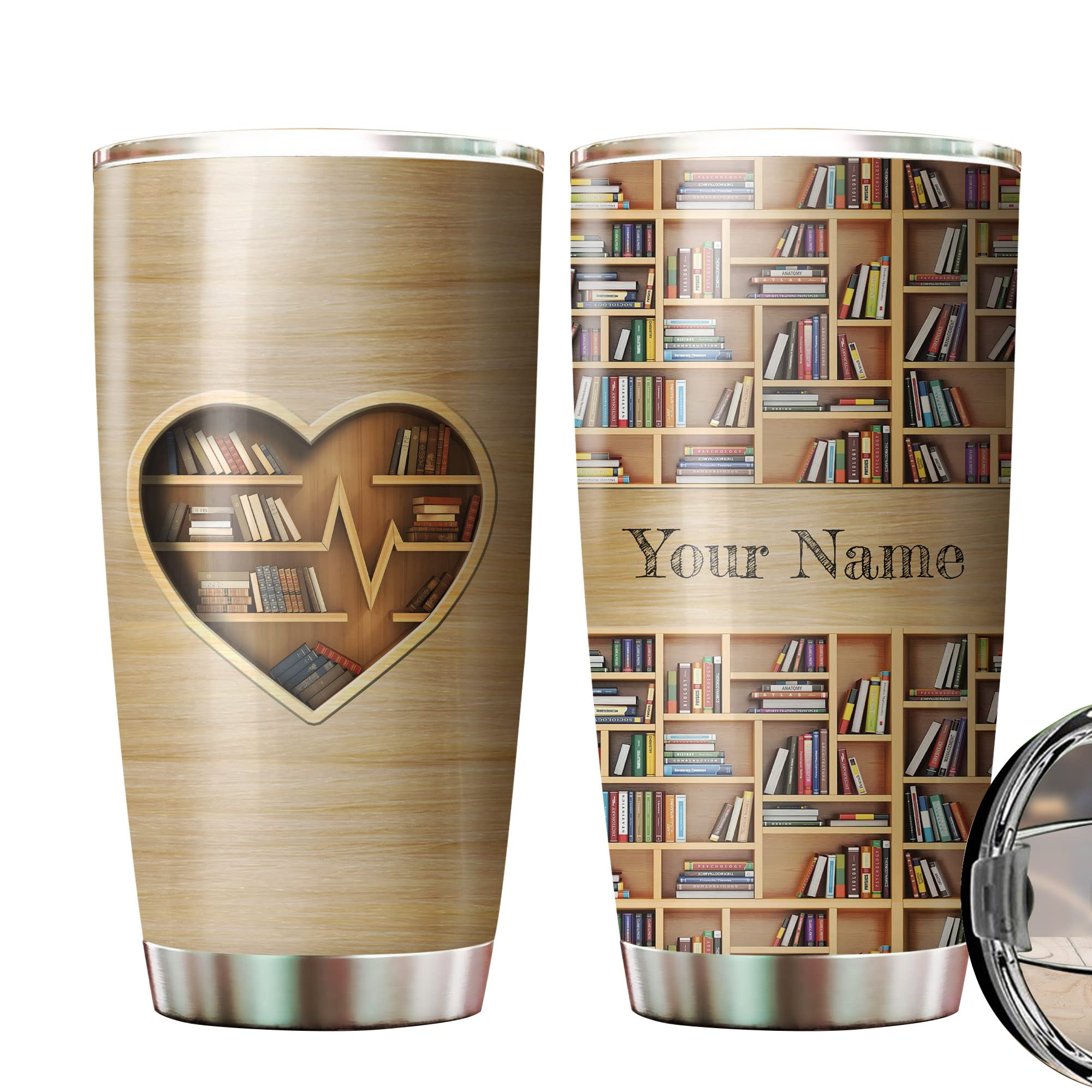 Personalized Book Lover Tumbler - Custom Engraved Bookshelf Design Insulated Coffee Cup for Hot & Cold Drinks - Perfect Gift for Readers, Bookworms & Bibliophiles - Great for Reading Nooks, Book Clubs & Coffee Shops