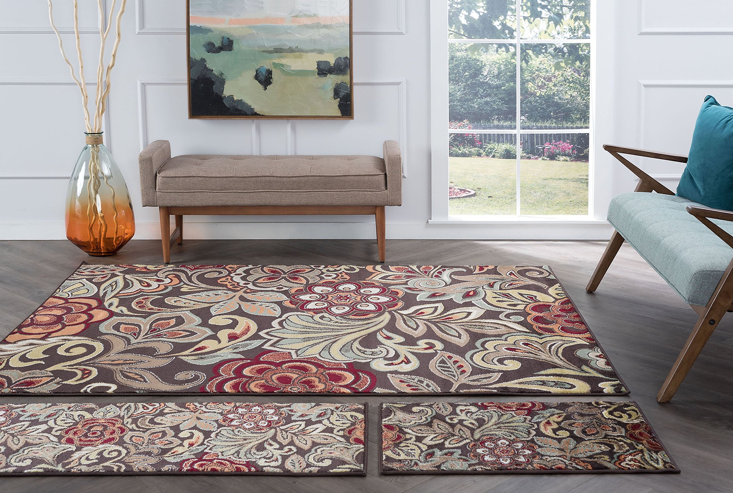 Stylish Dilek Transitional Floral Brown 3-Piece Area Rug Set - Soft Non-Slip Living Room Carpet for Bedroom, Dining Room & Home Decor