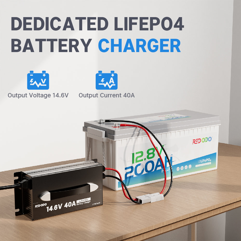 Redodo 14.6V 40A Lithium Iron Phosphate (LiFePO4) Battery Charger with Upgraded Handle - Fast Charging for Golf Carts, RVs, Marine & Solar Power Systems