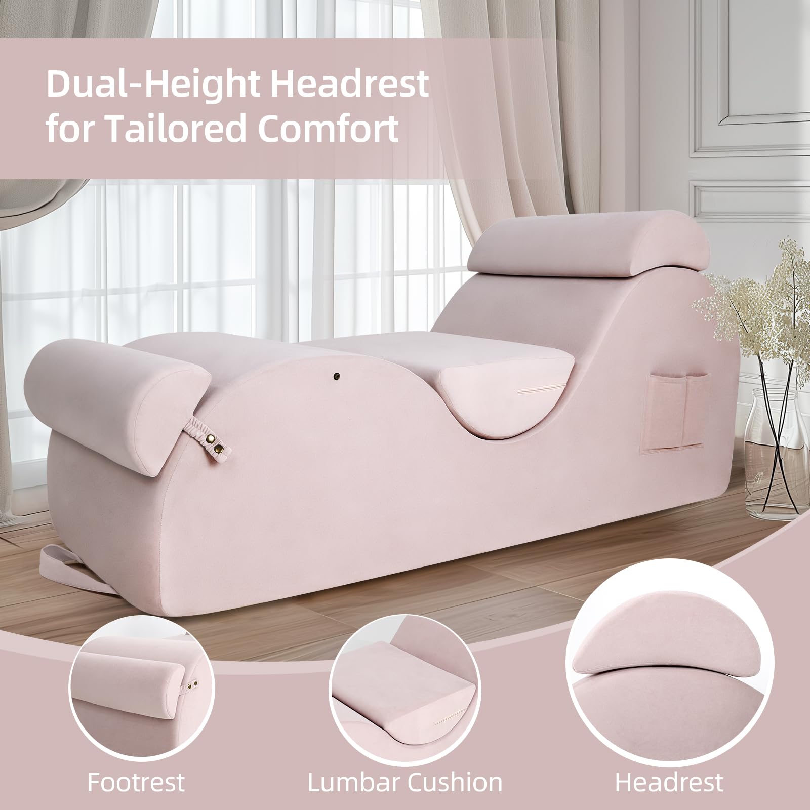 Premium Yoga Chaise Lounge Chair with Headrest, Waist & Foot Support - Washable Cover, Side Pockets & Non-Slip Base - Perfect for Relaxation, Stretching & Meditation (Pink, Large) - Ideal for Home Yoga Studio, Spa & Wellness Retreats
