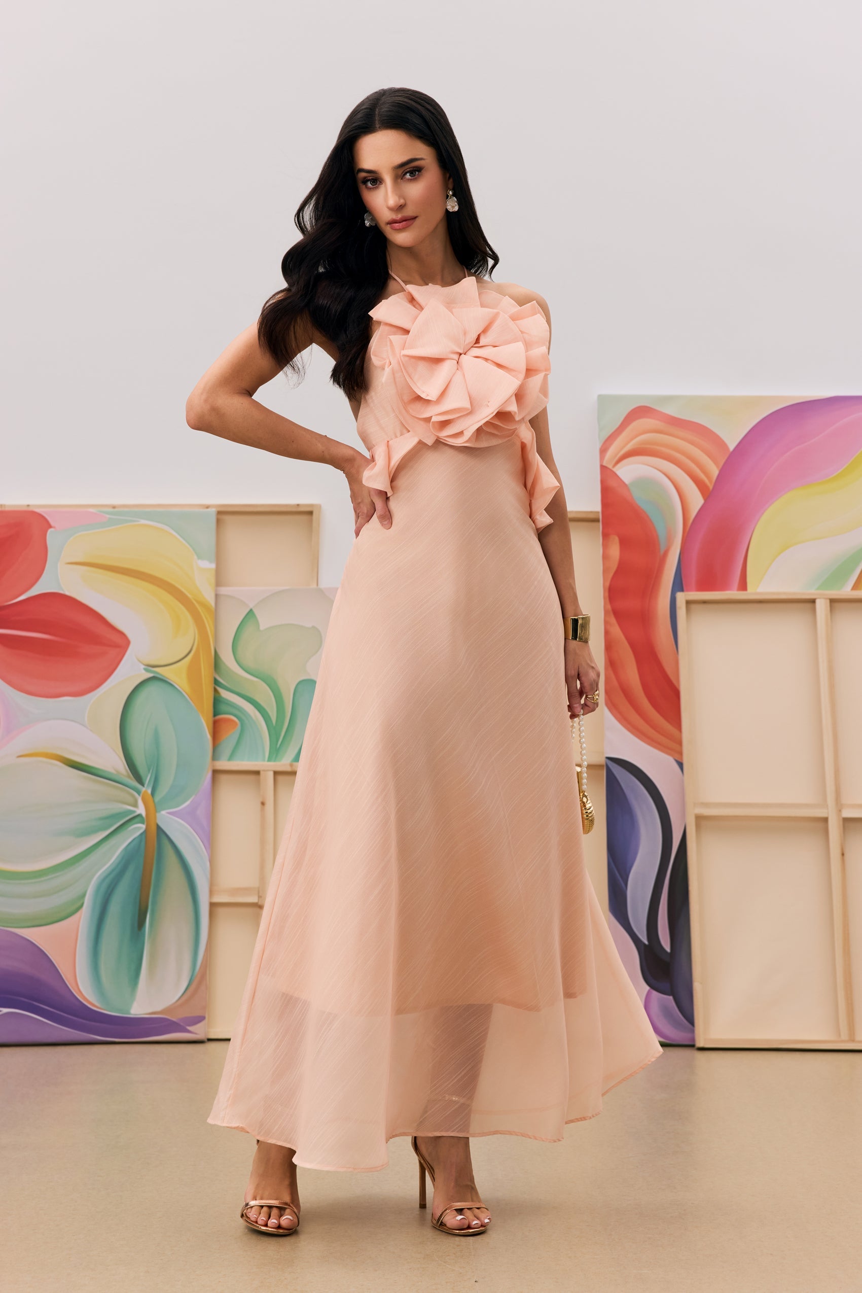 Aurora Halter Neck Ruffle Maxi Dress in Pink - Elegant Summer Beach Wedding Party Dress for Women