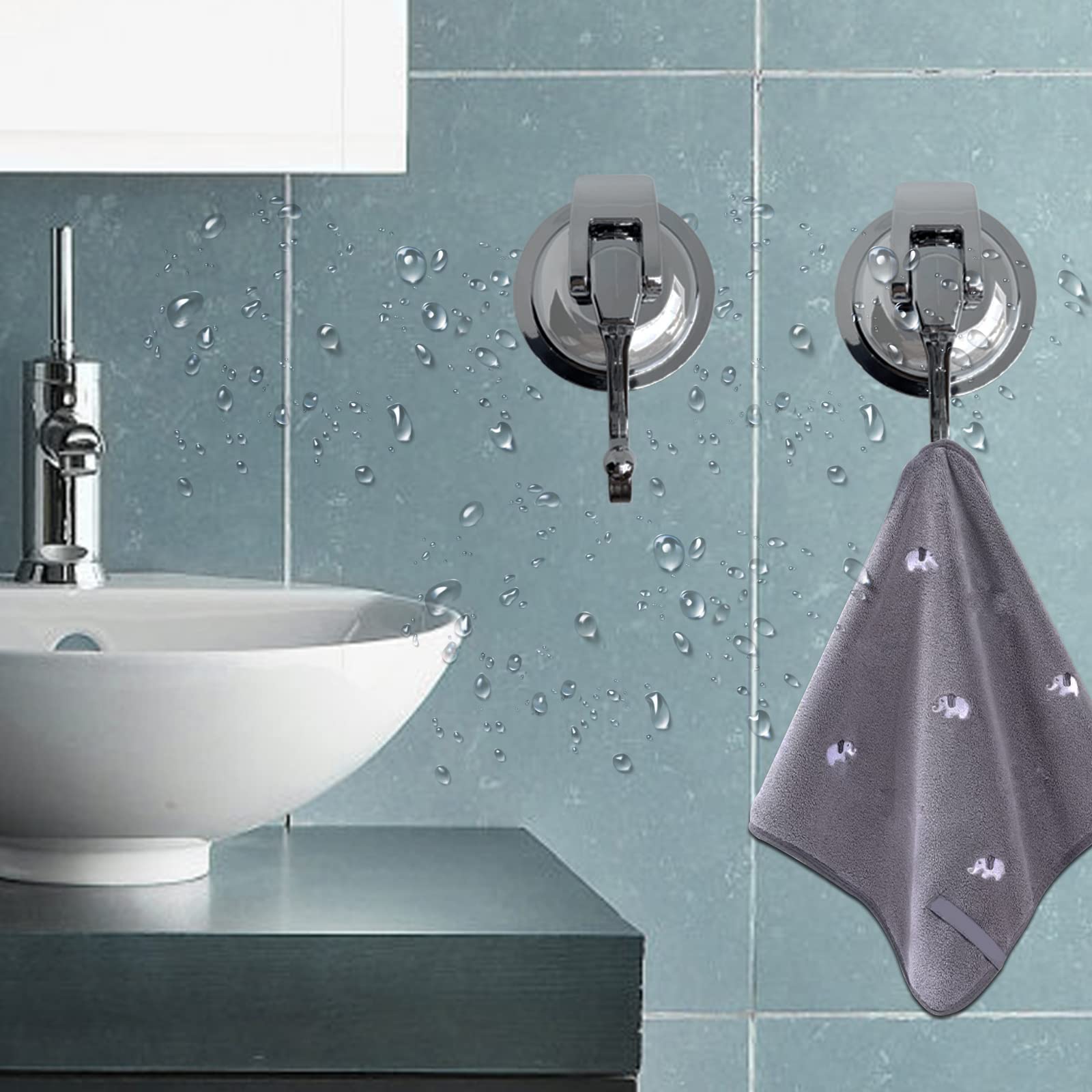 Heavy Duty Shower Suction Hooks - 2 Pack Silver Grey Vacuum Suction Cups for Towels, Robes & Decor, No Drill Glass Hooks for Bathroom, Kitchen, Pool - Reusable Strong Adhesive Hooks for Home & Outdoor Use