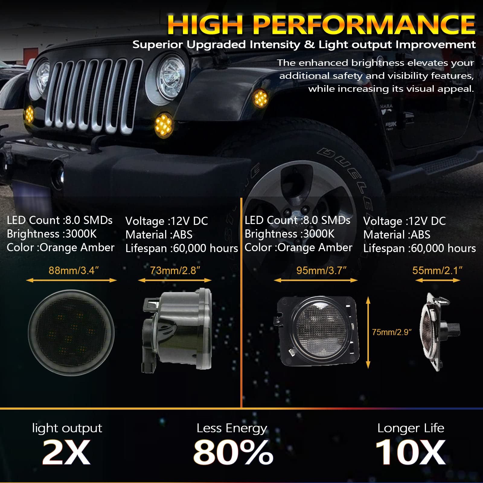 LOYO 4pcs Smoked Lens LED Front Grill Marker Lights & Turn Signal Lights for Jeep Wrangler JK - Off-Road Style Upgrade for Daytime Running & Night Visibility