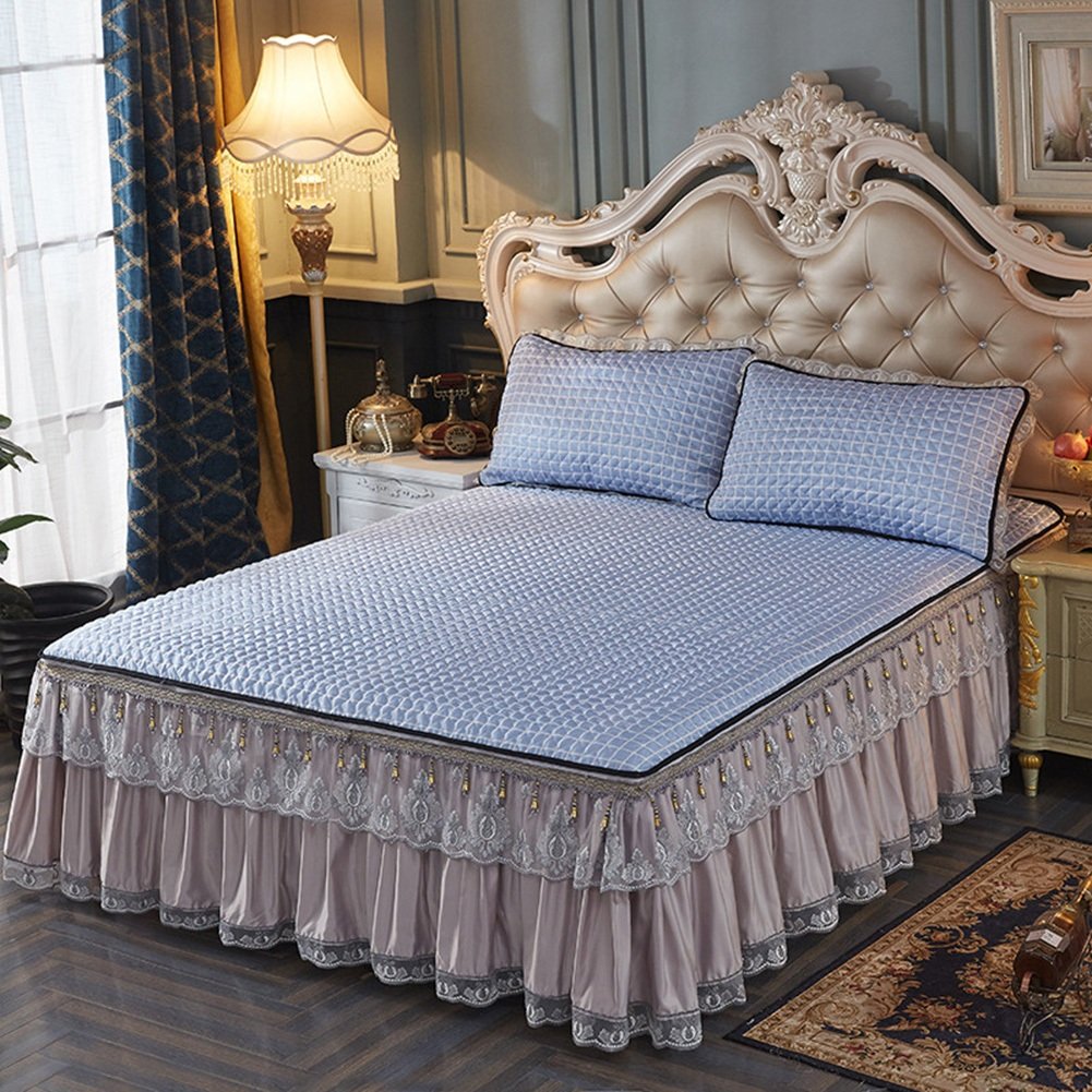 HAIPENG Ice Silk Bed Skirt Set - 3 Piece Cooling & Breathable Bedding with 2 Pillowcases for Double Bed (5ft/1.5m) - Washable, Foldable, Wrinkle-Free - Perfect for Summer Nights & Hot Sleepers - Light Grey (#2)