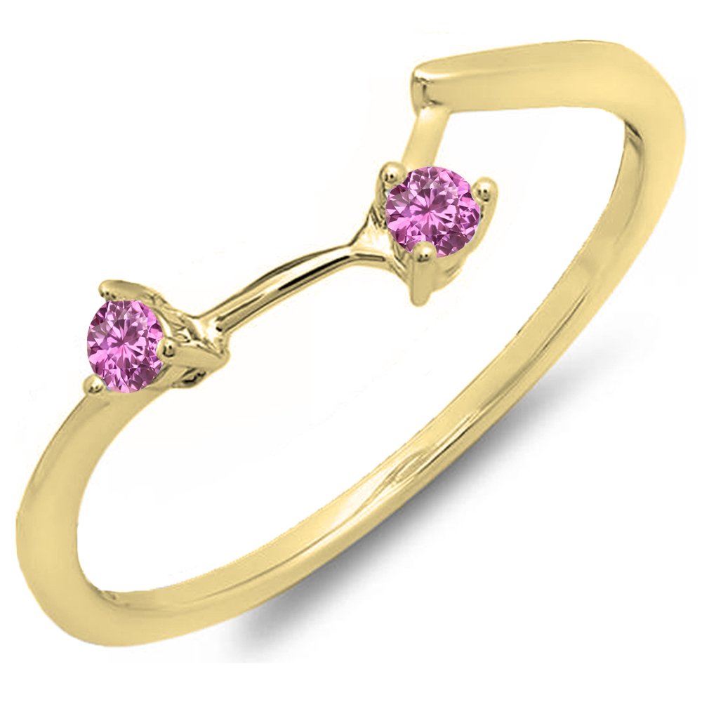 0.10 CTTW 10K Solid Gold Round Pink Sapphire Women's Anniversary Wedding Ring Set - Matching Guard Band 1/10 CT - Perfect for Bridal Jewelry, Engagement Gift & Special Occasions