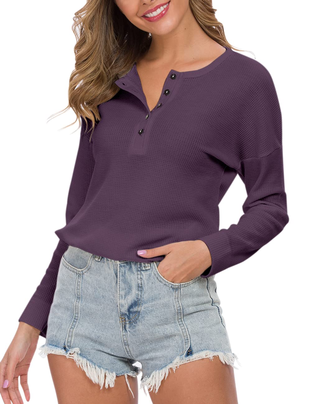WNEEDU Women's Waffle Knit Tunic Top - Loose Fit Long Sleeve Button Up V-Neck Henley Shirt for Casual Wear, Office & Fall Outfits | Comfortable & Stylish Blouse for Everyday Fashion