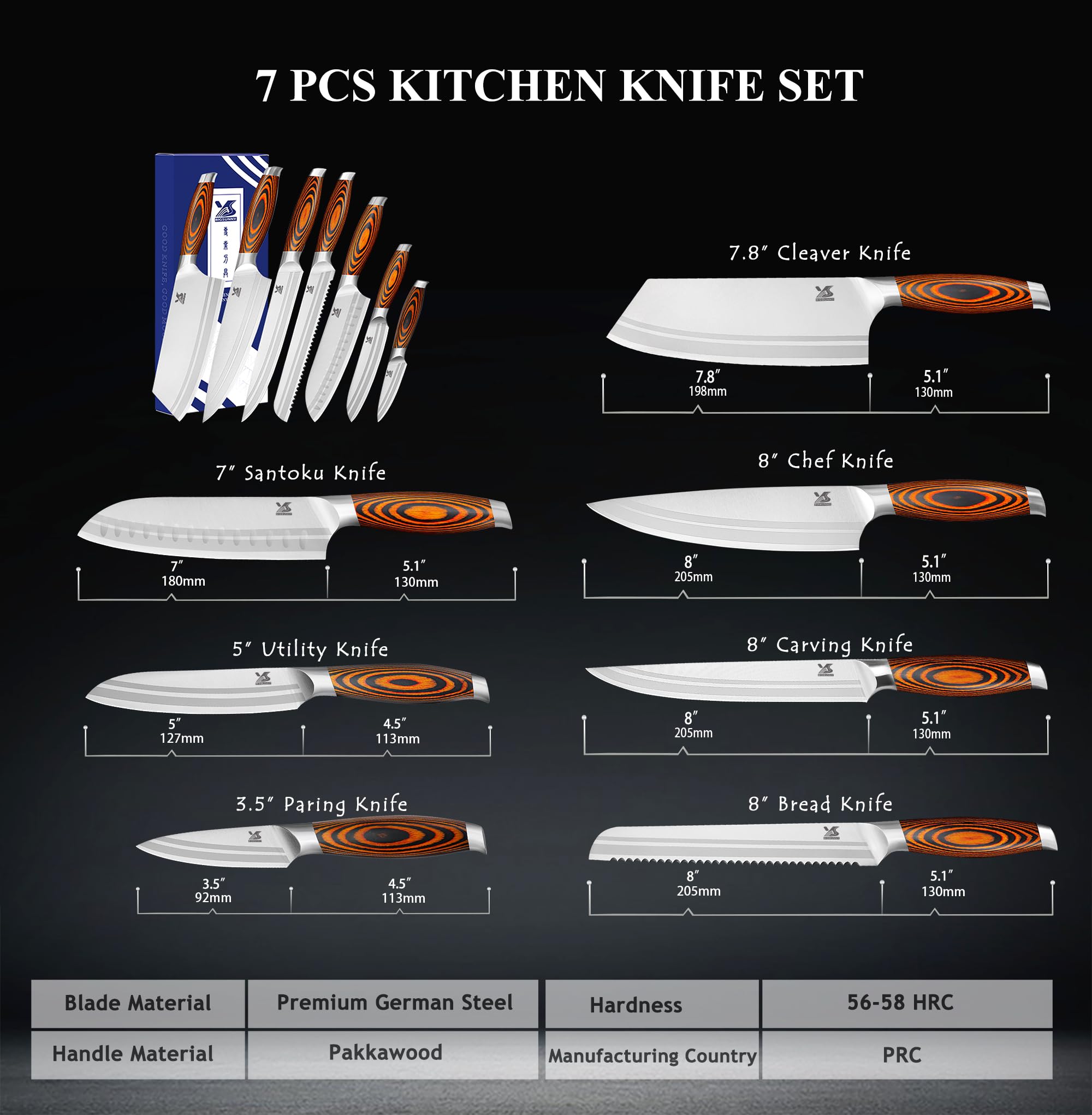 MSY BIGSUNNY 7-Piece Professional Kitchen Knife Set - German Stainless Steel Chef Knives with Pakkawood Handle - Sharp Cutlery Set for Cooking, Slicing & Dicing - Ideal Gift for Home Chefs & Culinary Enthusiasts