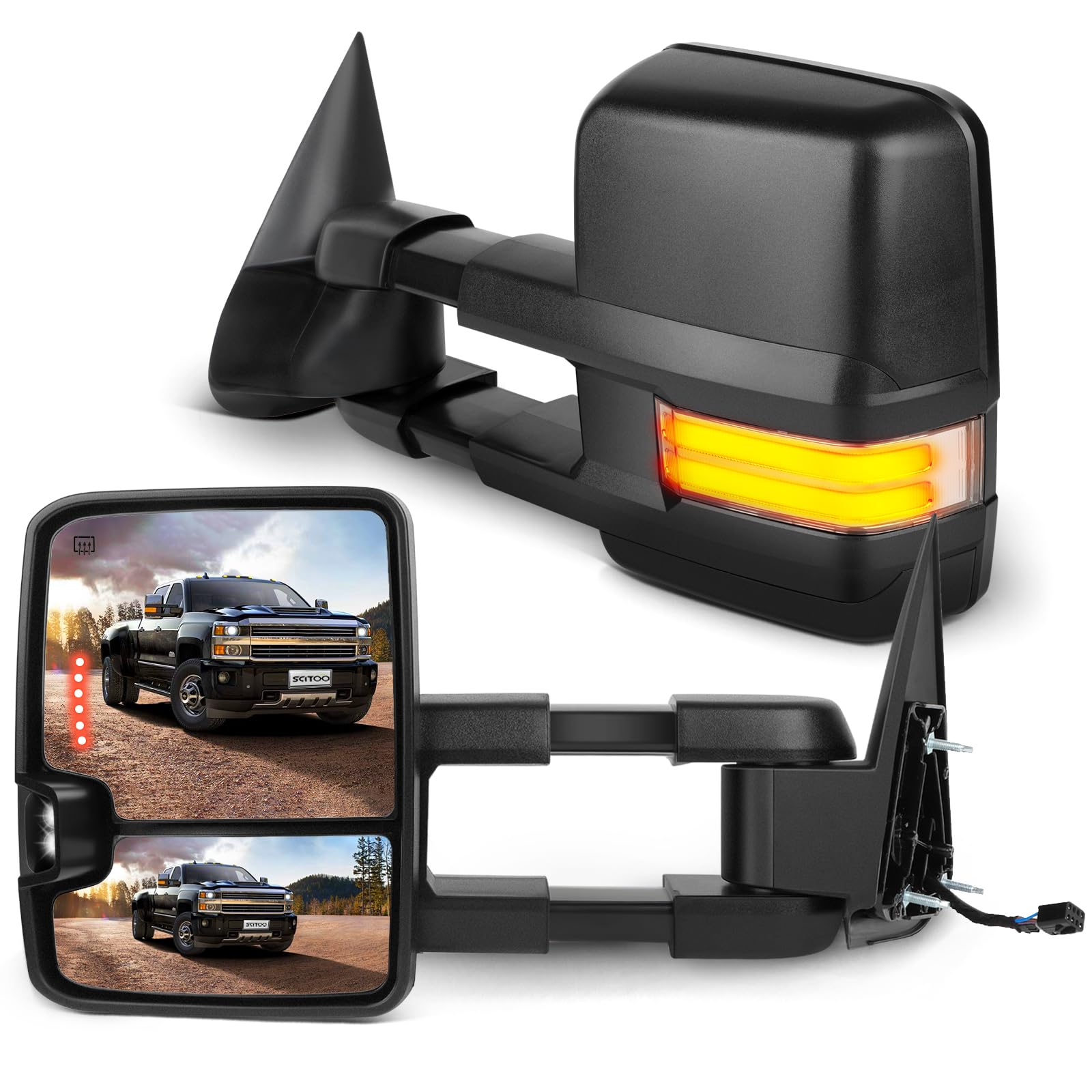 SCITOO Black Towing Mirrors with Dynamic Running Lights & LED Turn Signals - Compatible with 1999-2002 Chevy Silverado/GMC Sierra 1500/2500/3500 - Power Adjustable, Heated & Reverse Lights - Perfect for Towing, Off-Roading & Night Driving