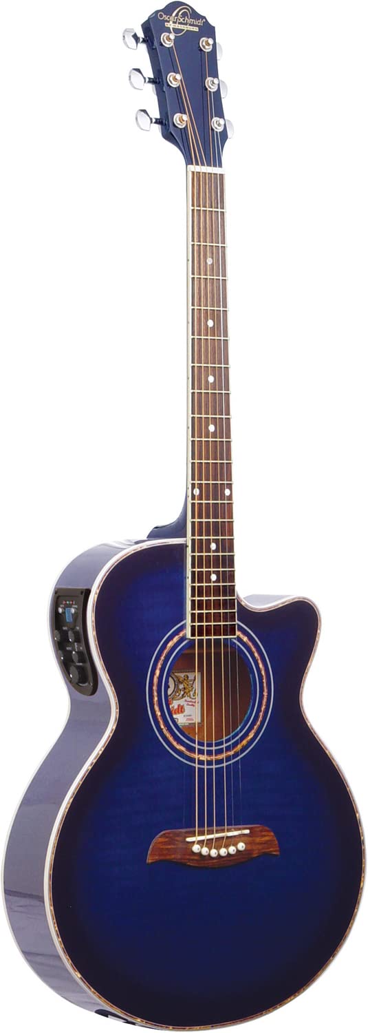 Oscar Schmidt OG10CE 6-String Cutaway Acoustic-Electric Guitar with Flame Transparent Blue Finish - Right-Handed | Perfect for Stage Performances, Studio Recording & Home Practice