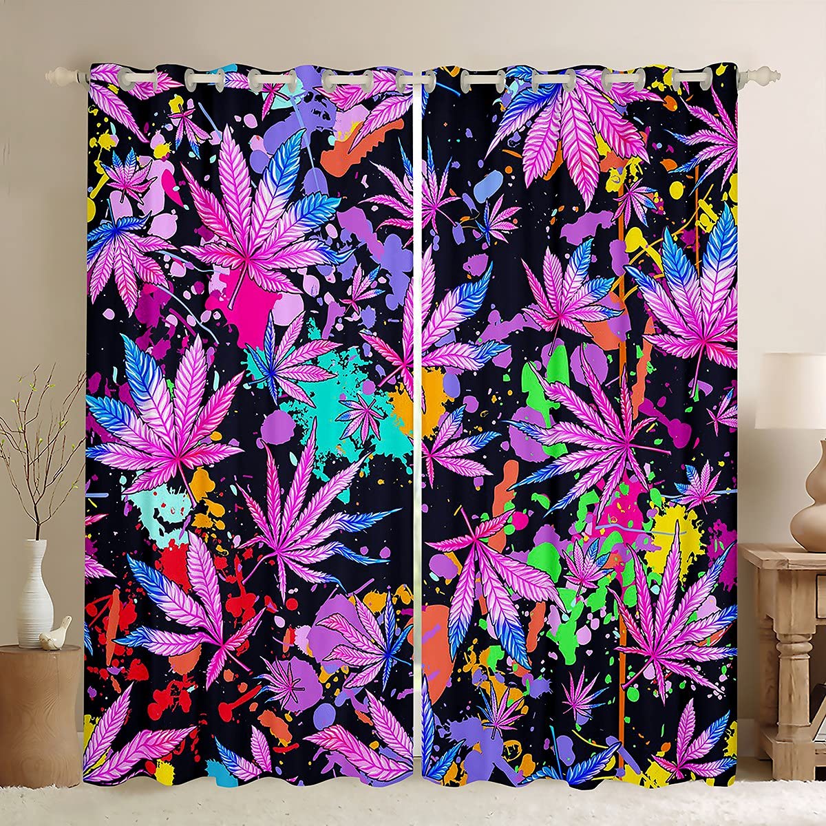 Erosebridal Purple Cannabis Leaf Window Curtains - Colorful Tie Dye Hemp Weed Drapes for Living Room & Bedroom - 52x90 Inches Rustic Botanical Window Treatments for Teens & Adults