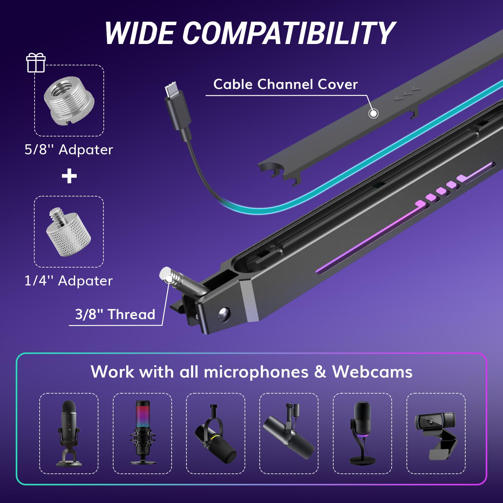 TONOR RGB Gaming Microphone Boom Arm - Adjustable Low Profile Mic Stand with RGB Lighting & Cable Management | Compatible with HyperX Quadcast, Blue Yeti | Perfect for Streaming, Podcasting & Home Studio Setup