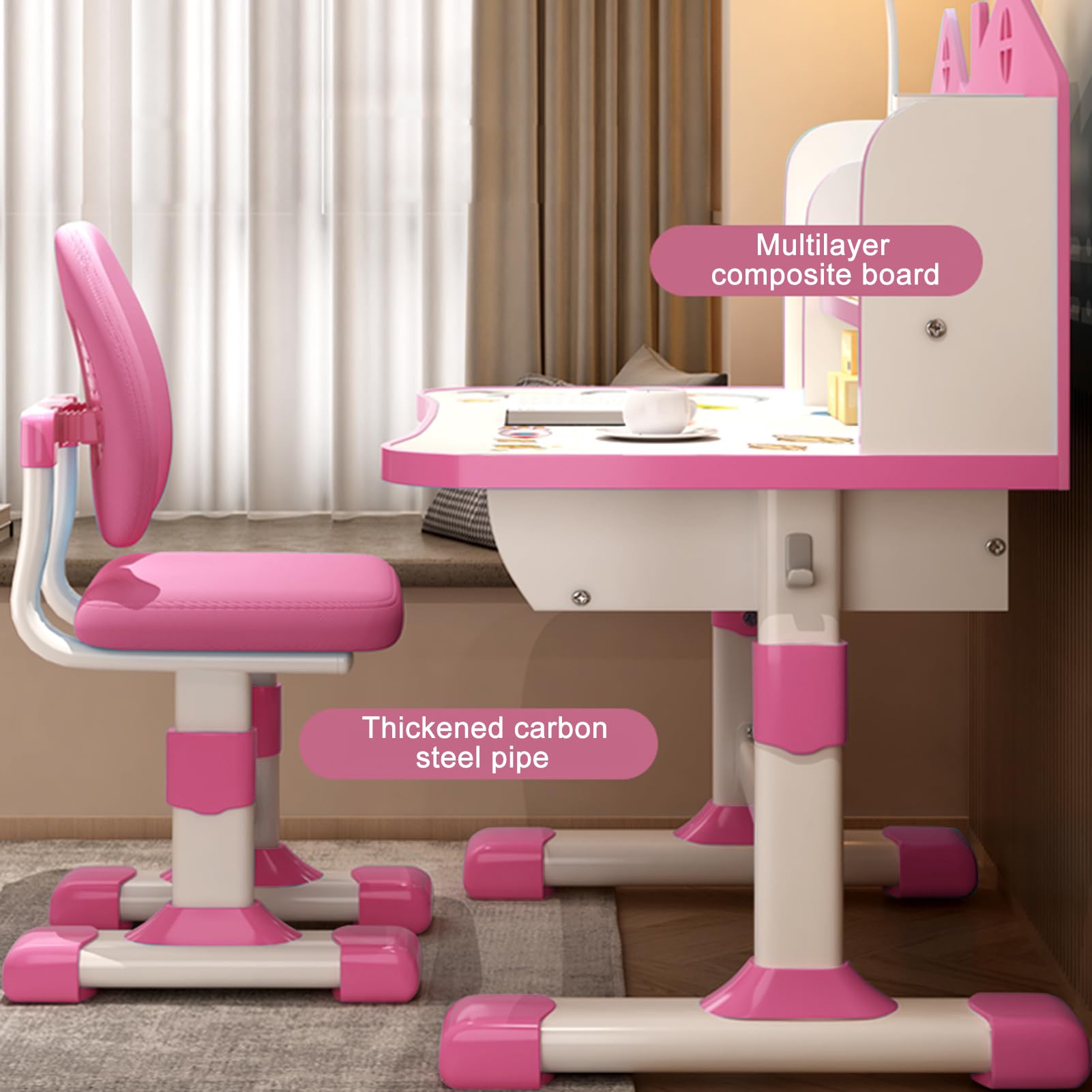 Adjustable Kids Desk and Chair Set - Ergonomic Study Desk for Children with Bookstand & Storage Drawer - Widened Desktop for Boys & Girls - Perfect for Homeschooling & Online Learning (Pink)