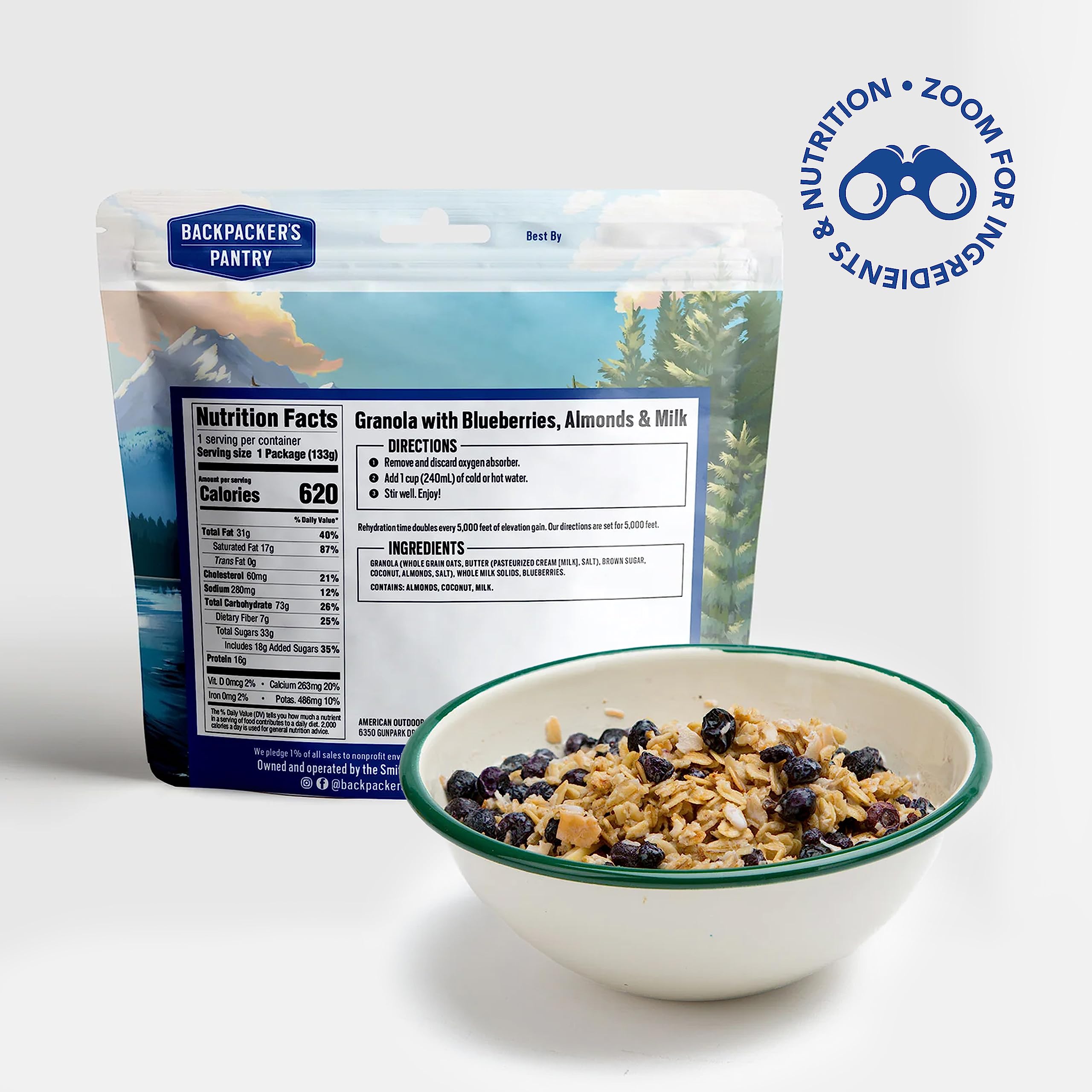 Backpacker's Pantry Freeze Dried Granola with Blueberries, Almonds & Milk - High Protein (16g) Vegetarian Camping Food - Perfect for Backpacking, Hiking, Emergency Preparedness & Outdoor Adventures