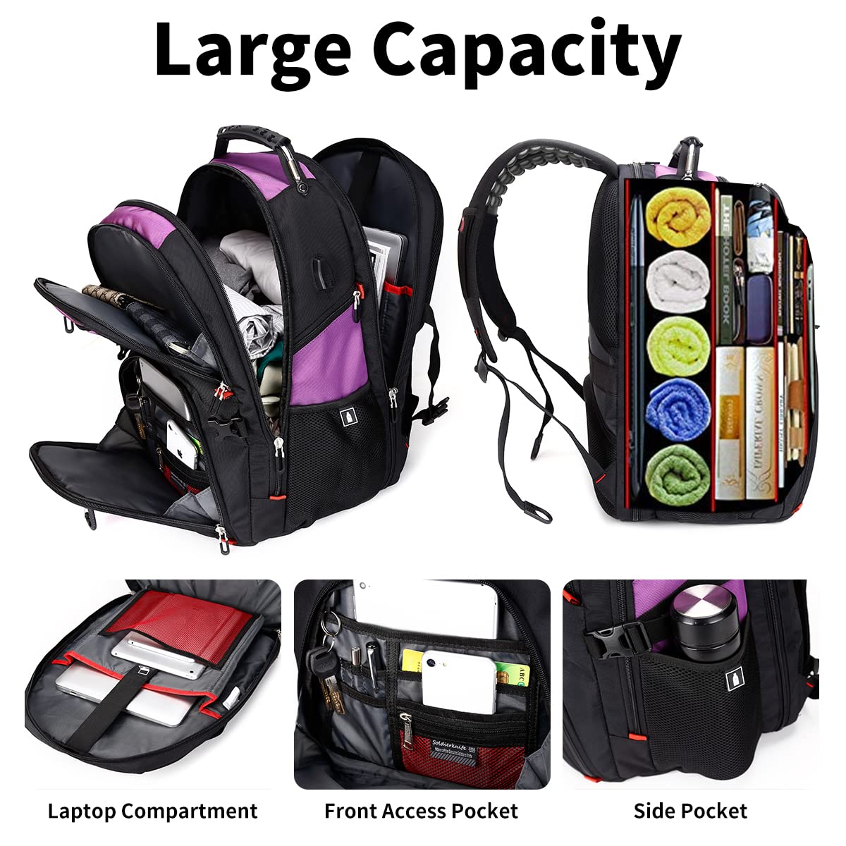 SHRRADOO 50L Extra Large Travel Laptop Backpack with USB Charging Port - Airline Approved Business Work Bag for Men & Women - Fits 17 Inch Laptops - Perfect for College, High School, Commuting & Business Trips - Purple