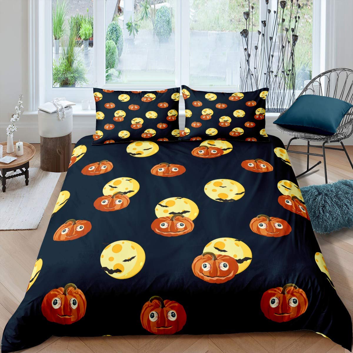 **Spooky Orange Pumpkin Halloween Bedding Set - King Size Navy Blue Cute Halloween Duvet Cover with Pillowcases (3-Piece) | Halloween, Ghost Festival Themed Bedding for Boys & Girls | Perfect for Halloween Decor & Cozy Fall Nights**