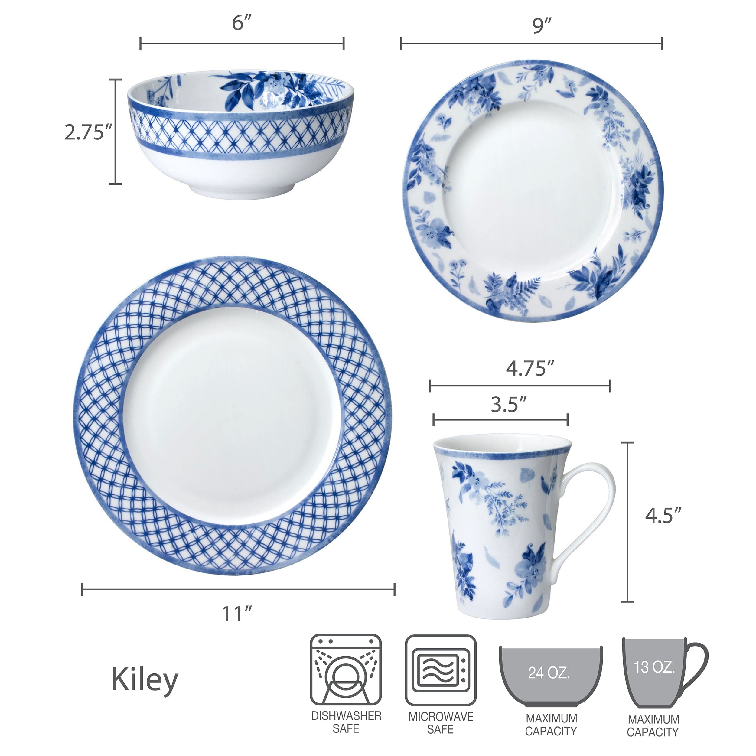 Kiley 16-Piece Dinnerware Set - Porcelain Dinner Plates, Bowls, Mugs (Service for 4) - Elegant Tableware for Family Dinners, Dinner Parties & Everyday Use