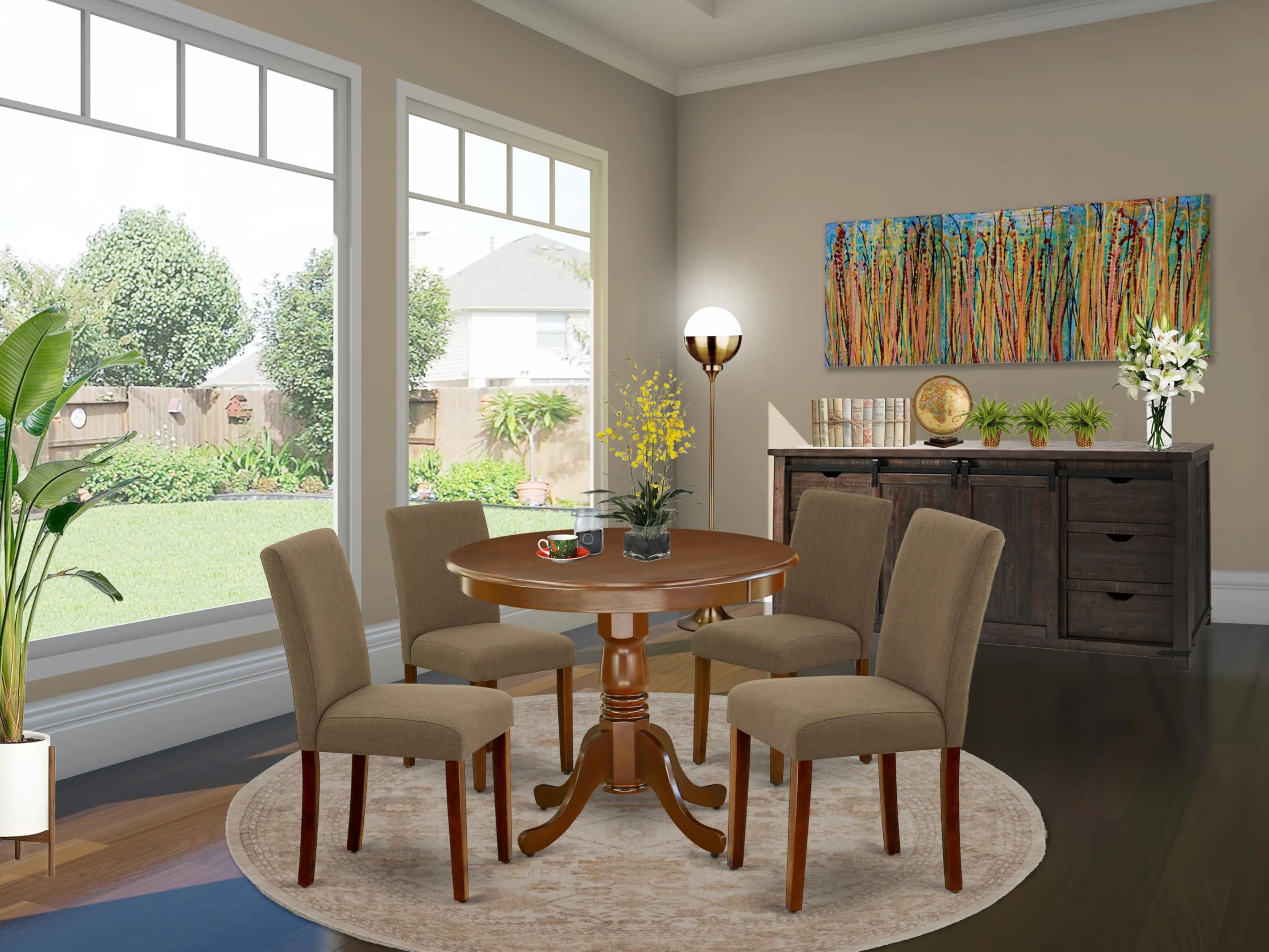 East West Furniture ANAB5-MAH-18 5-Piece Round Dining Table Set for 4 with Pedestal Base & 4 Upholstered Chairs - 36x36 Inch Mahogany Kitchen Table - Perfect for Small Spaces, Breakfast Nooks & Cozy Family Meals