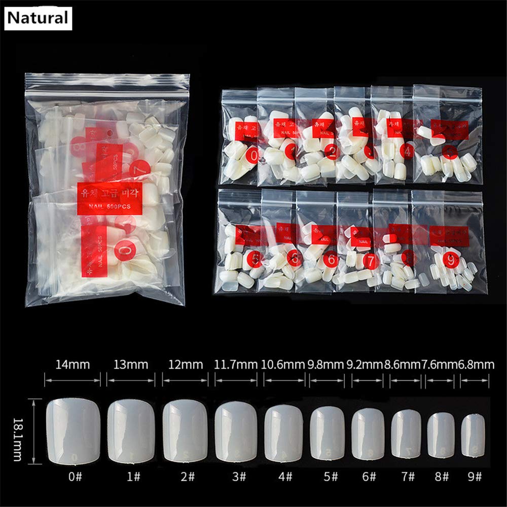 500pcs Acrylic False Nails Short Square Transparent Natural White Full Cover Fake Nail Tips for Nail Extension - DIY Manicure, Salon, Party, Wedding, Halloween Nail Art