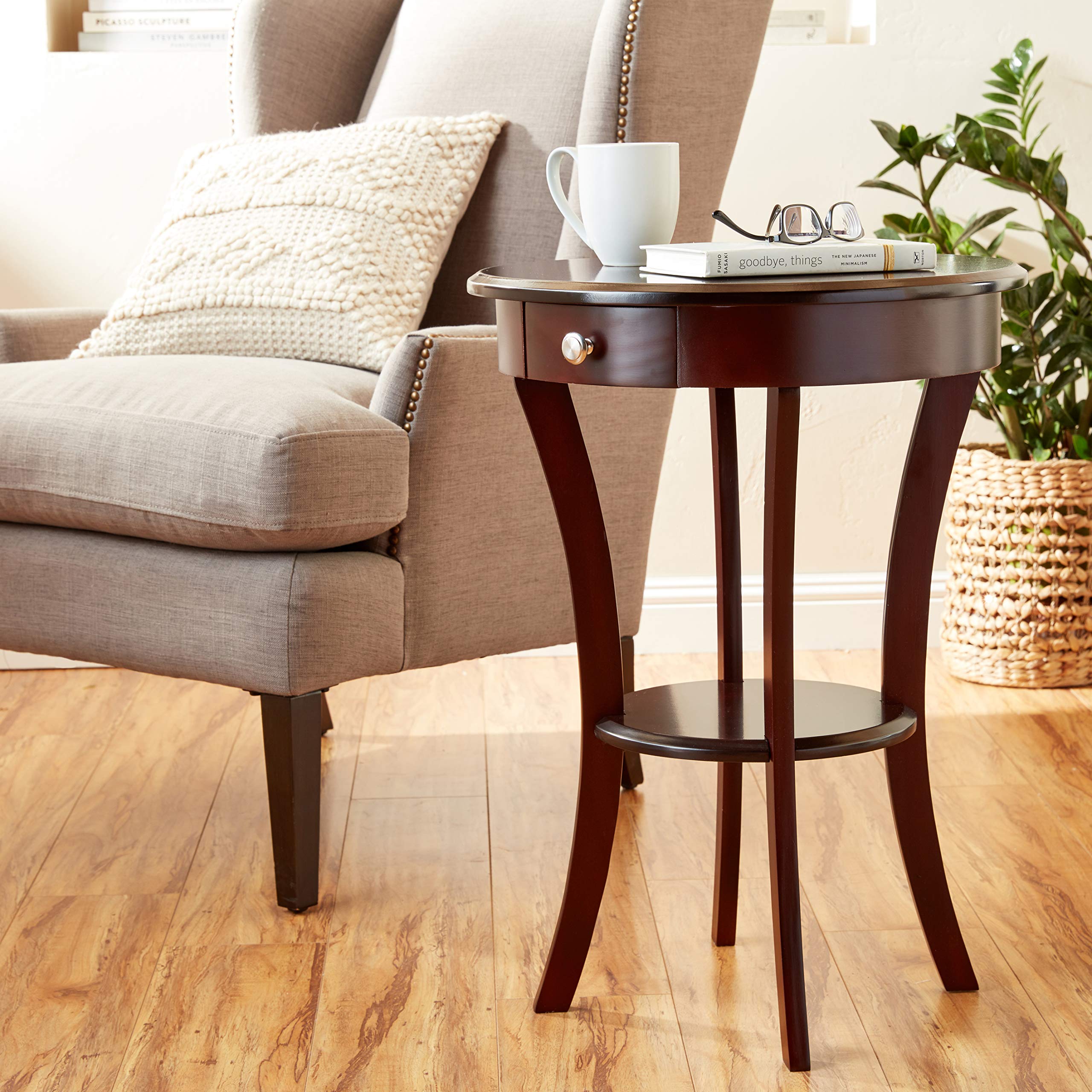Frenchi Furniture Espresso Wood Round Table with Drawer and Shelf - Perfect for Dining Room, Kitchen, or Small Space Decor