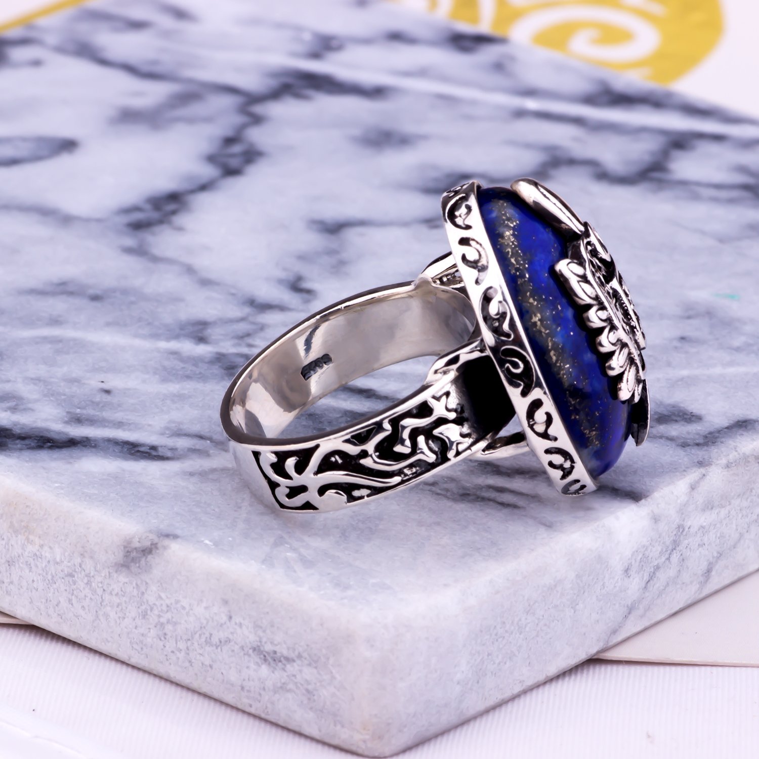 Vampire Diaries Inspired Lapis Lazuli Ring - 925 Sterling Silver Punk Jewelry for Men - Handmade Gothic Style Statement Ring for Cosplay, Gift Giving & Alternative Fashion