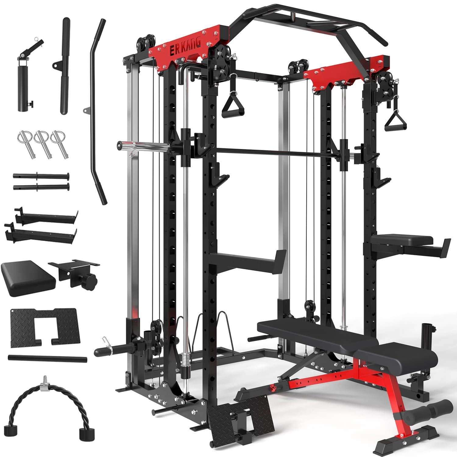 Smith Machine & Power Cage - 2000LBS Capacity Squat Rack with Cable Crossover, LAT Pulldown & Functional Trainer System | Multi-Function Home Gym Equipment for Strength Training & Weightlifting | Perfect for Home Workouts & Fitness Enthusiasts