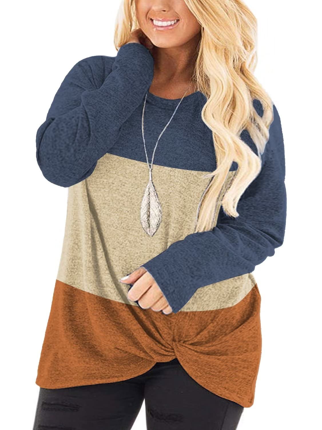 Plus Size Women's Knotted Long Sleeve T-Shirt - Loose Casual Blouse for Women | Comfortable & Stylish Top for Everyday Wear, Work, and Date Nights