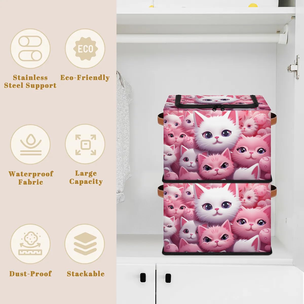 Collapsible Storage Bins with Lids - Cute Kitten Design Stackable Fabric Storage Cubes | Dustproof Closet Organizer for Clothes, Toys, Blankets | Perfect for Bedroom, Nursery, and Home Organization