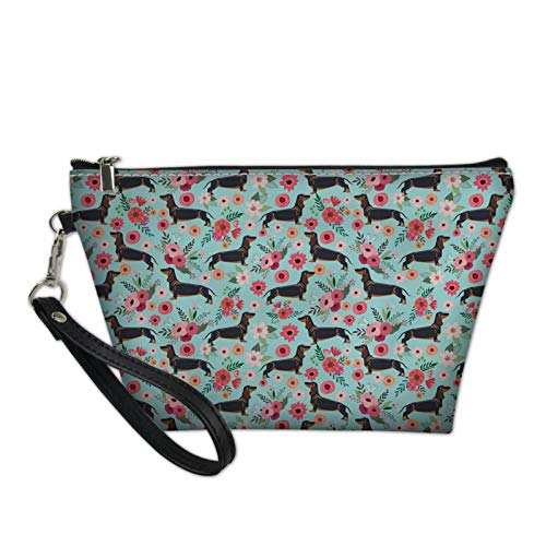 STUOARTE Mint Green Waterproof Makeup Bag for Women - Cute Dachshund with Floral Print Travel Cosmetic Organizer, Multi-Functional Pencil Case & Toiletry Pouch - Perfect for Travel, School, Gym & Daily Essentials Storage