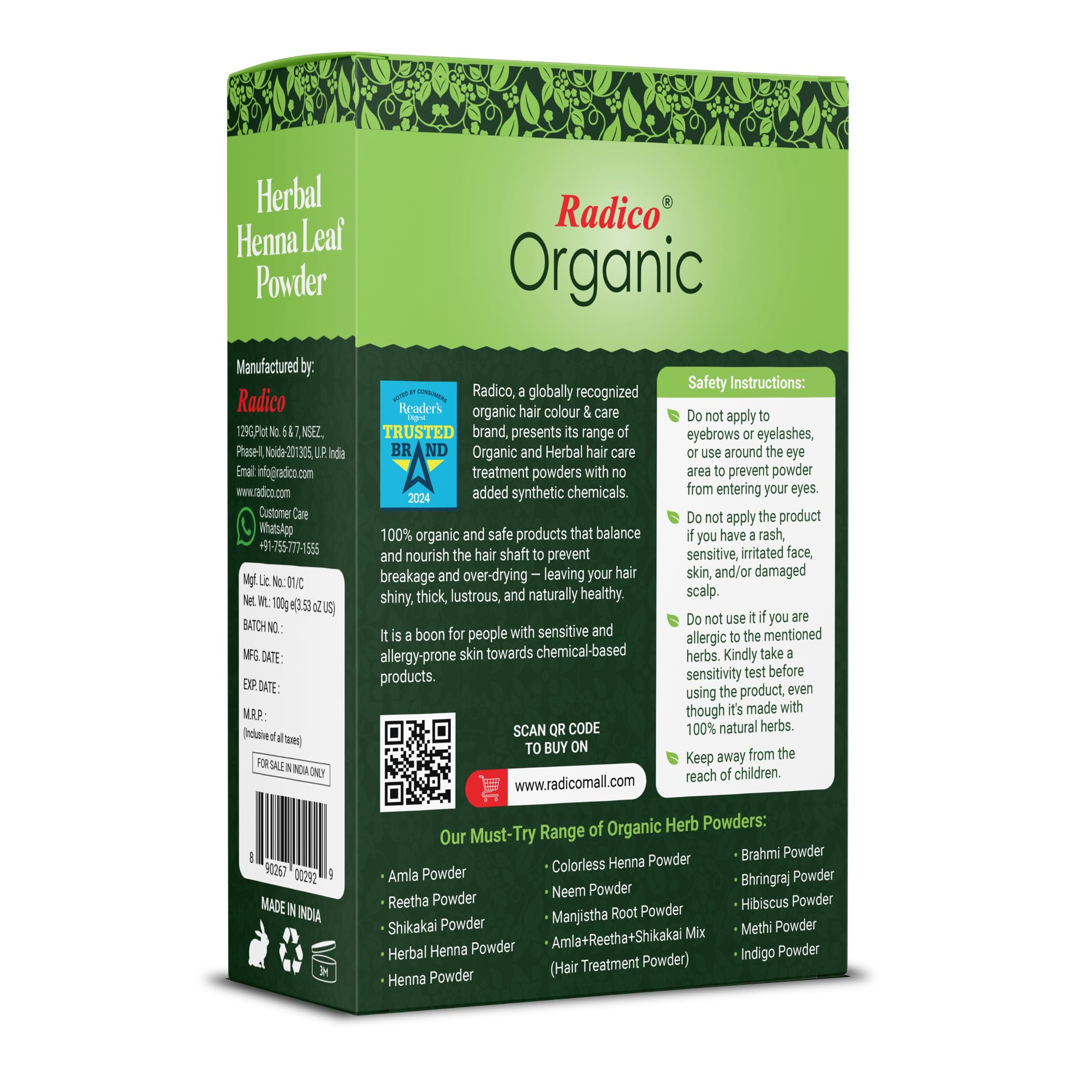 Radico Organic Herbal Henna Hair Treatment Powder - 100% Natural & Chemical-Free for Soft, Shiny, Healthy Hair | Anti-Hair Loss, Damage Repair, Dandruff Prevention | Perfect for At-Home Hair Care & Salon-Quality Results