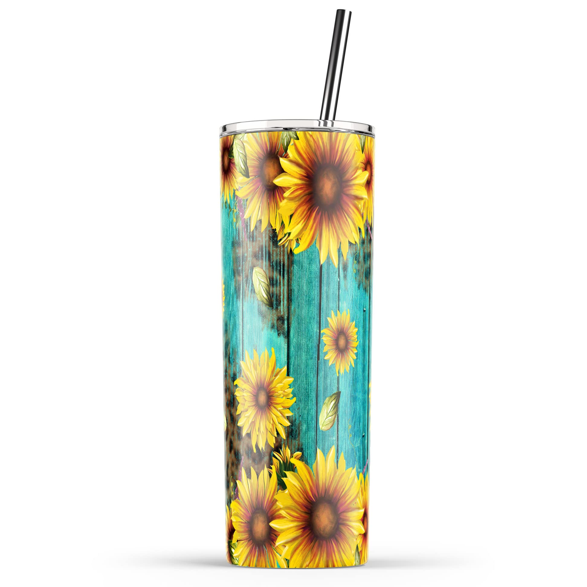 YouNique Designs 20oz Insulated Stainless Steel Skinny Tumbler with Straw & Lid - Sunflower & Leopard Print Coffee/Tea/Water Cup for Women | Perfect for Office, Gym & Outdoor Activities