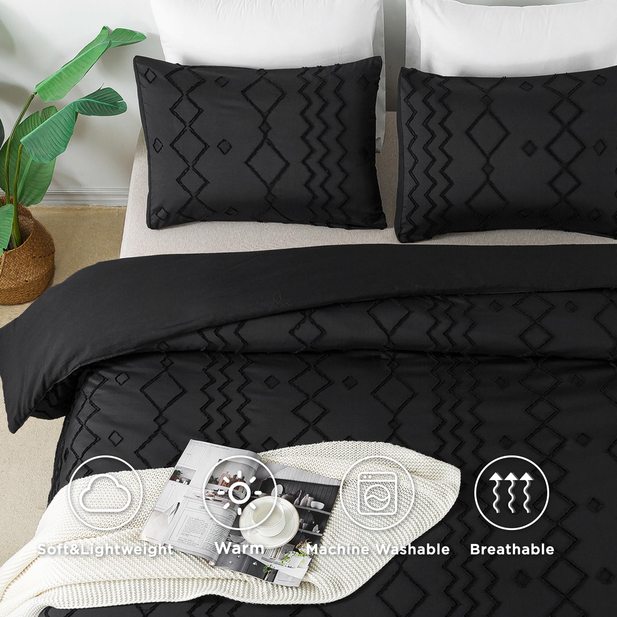 Andency Black Tufted Comforter Set Queen Size (90x90 Inches) - 3 Piece Boho Farmhouse Bedding with Geometric Design, Soft Microfiber Down Alternative Comforter & 2 Pillow Shams - Perfect for Master Bedroom, Guest Room & Cozy Farmhouse Decor
