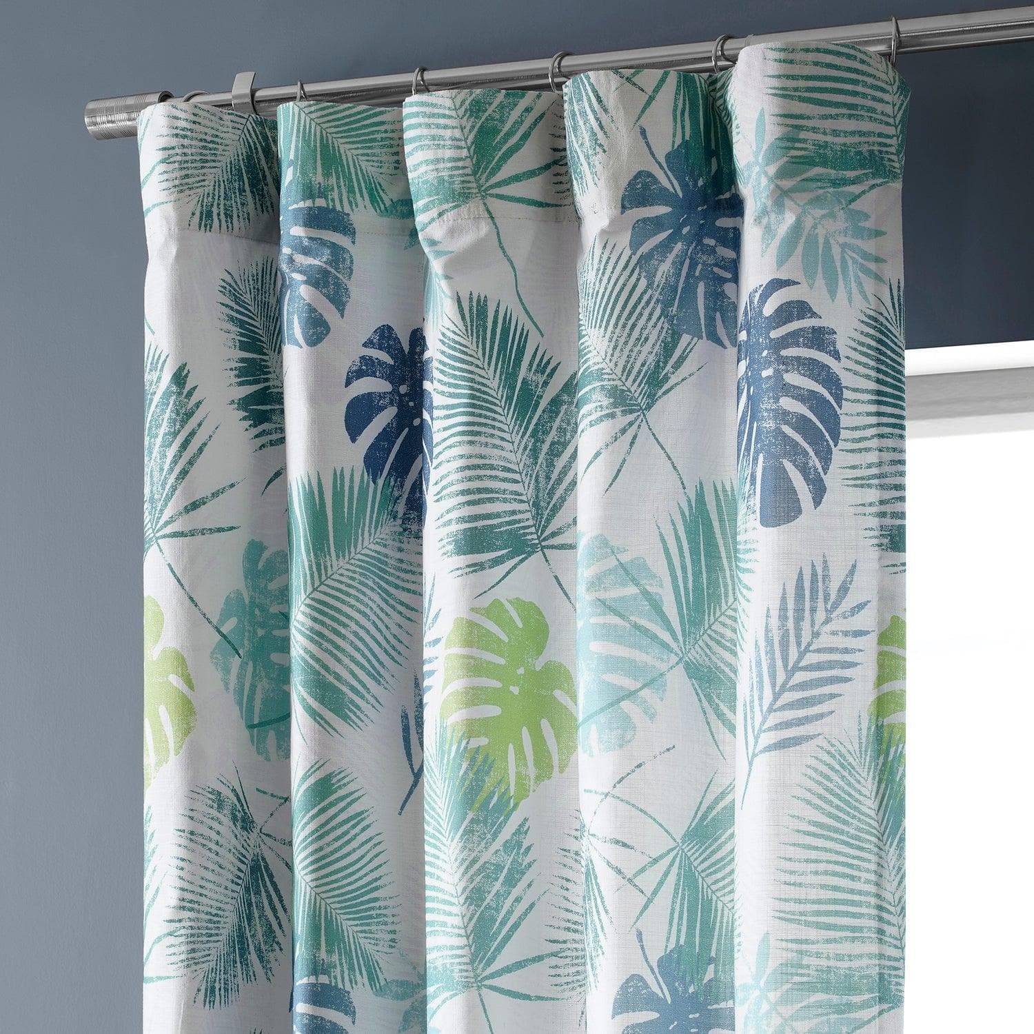 Light Blue Green Floral Printed Cotton Curtains for Living Room & Bedroom - Rainforest Inspired Textured Window Drapes