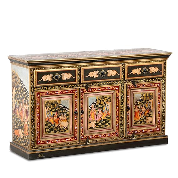 Hand Painted Mango Wood Sideboard - Multi-Color Rustic Buffet Cabinet for Dining Room, Living Room & Entryway Storage