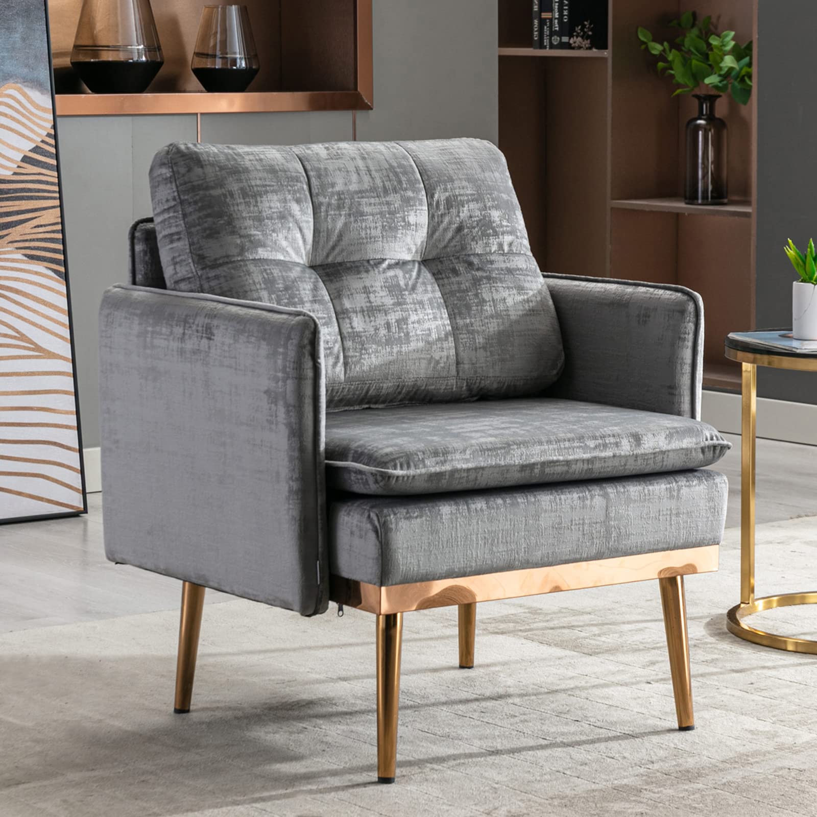 GNIXUU Velvet Accent Chair - Modern Tufted Armchair with Rose Gold Metal Legs for Living Room, Bedroom & Office - Soft Upholstered Reading Chair in Grey - Perfect for Relaxing, Reading & Home Decor
