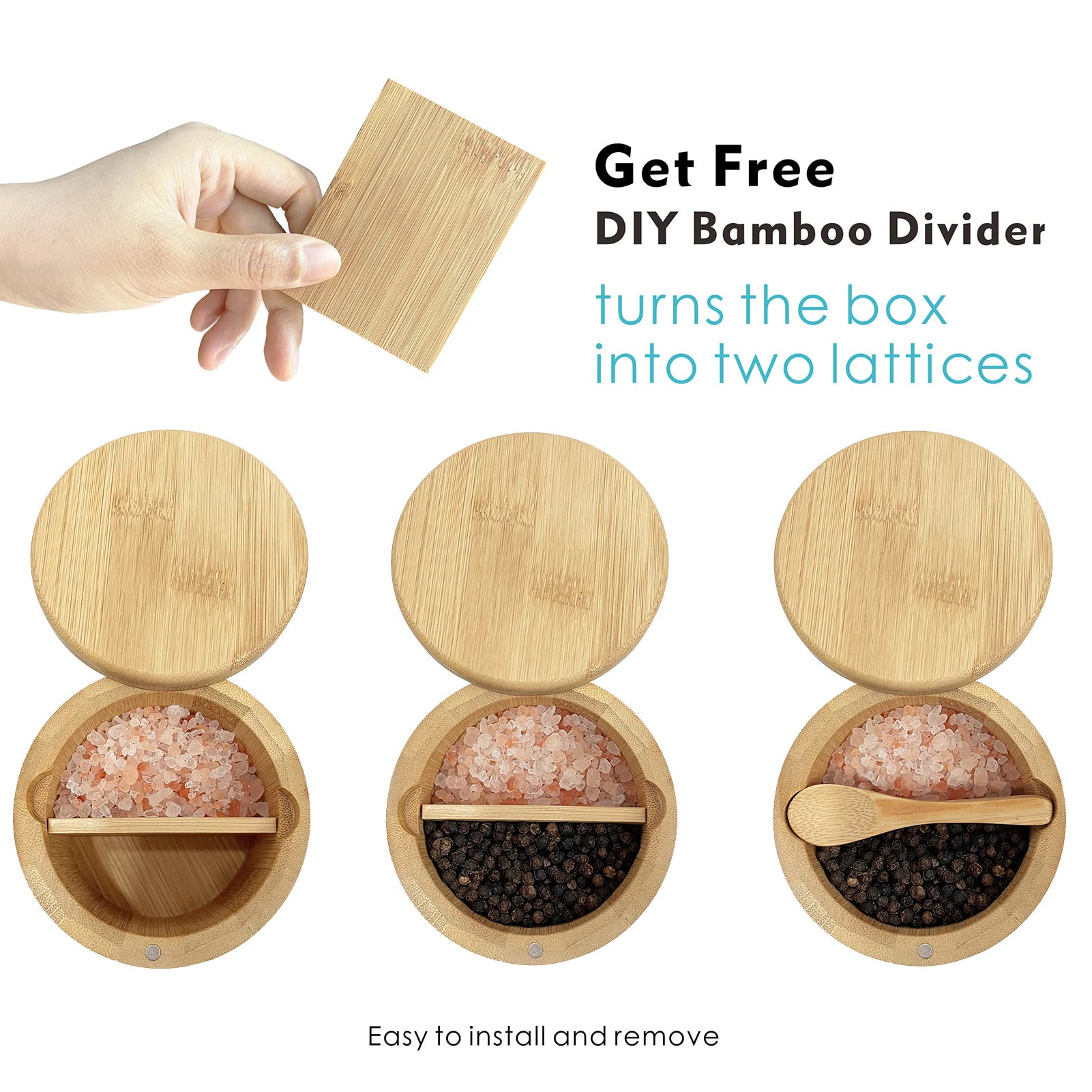Premium Bamboo Salt and Pepper Shaker Set with Swivel Lid & 2 Stainless Steel Spoons - 13oz Kitchen Spice Dispenser for Dining Table, BBQ, Camping & Home Cooking