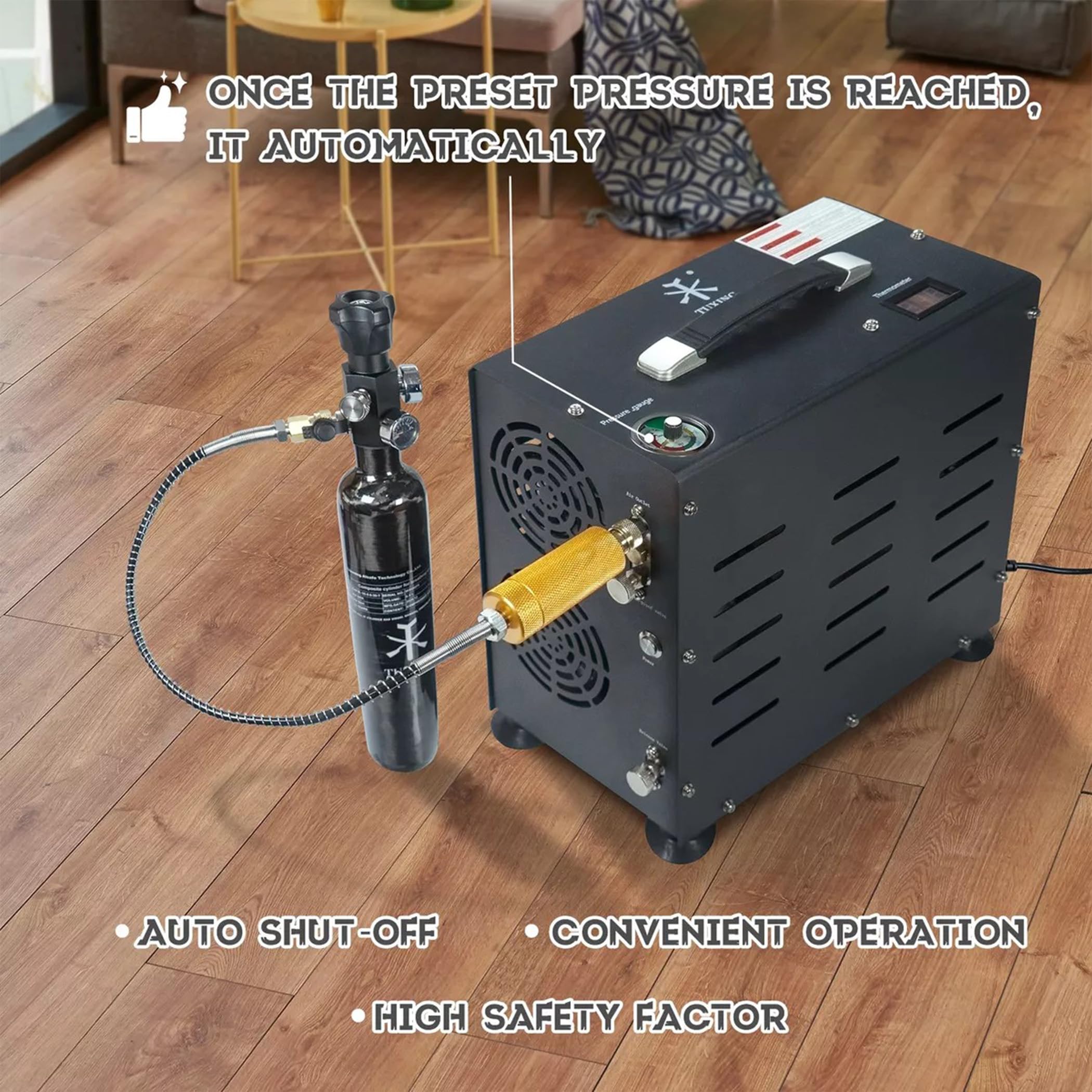 TUXING 800W Dual-Cylinder PCP Air Compressor Pump - 4500PSI High Pressure with Auto Stop & Built-in Cooling Fan - for PCP Rifles, Scuba Tanks, Paintball & Airgun Refilling - Perfect for Hunting, Shooting Sports & Underwater Diving