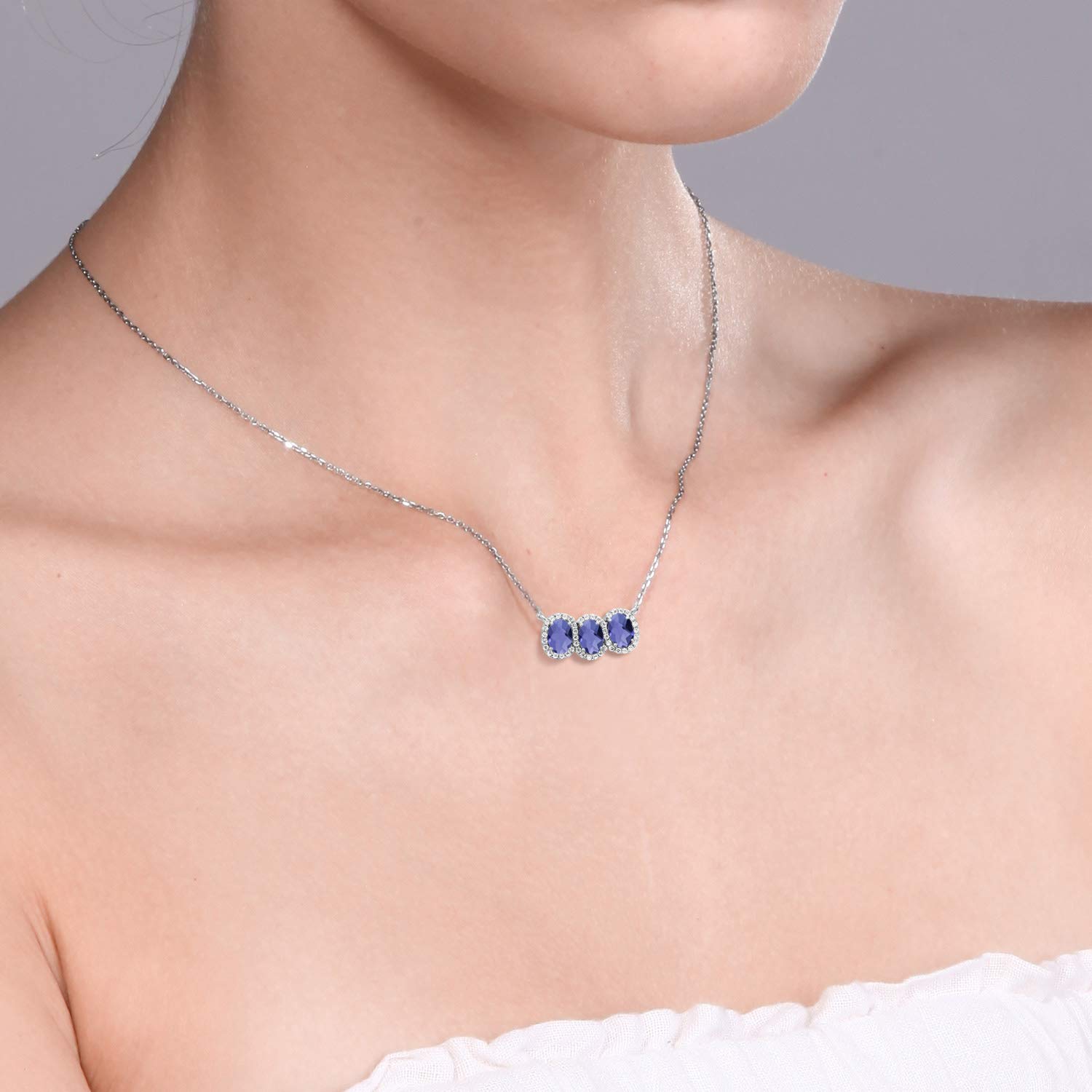 Gem Stone King 925 Sterling Silver Birthstone Necklace for Women | 3 Stone Oval Pendant (7x5mm) with 18