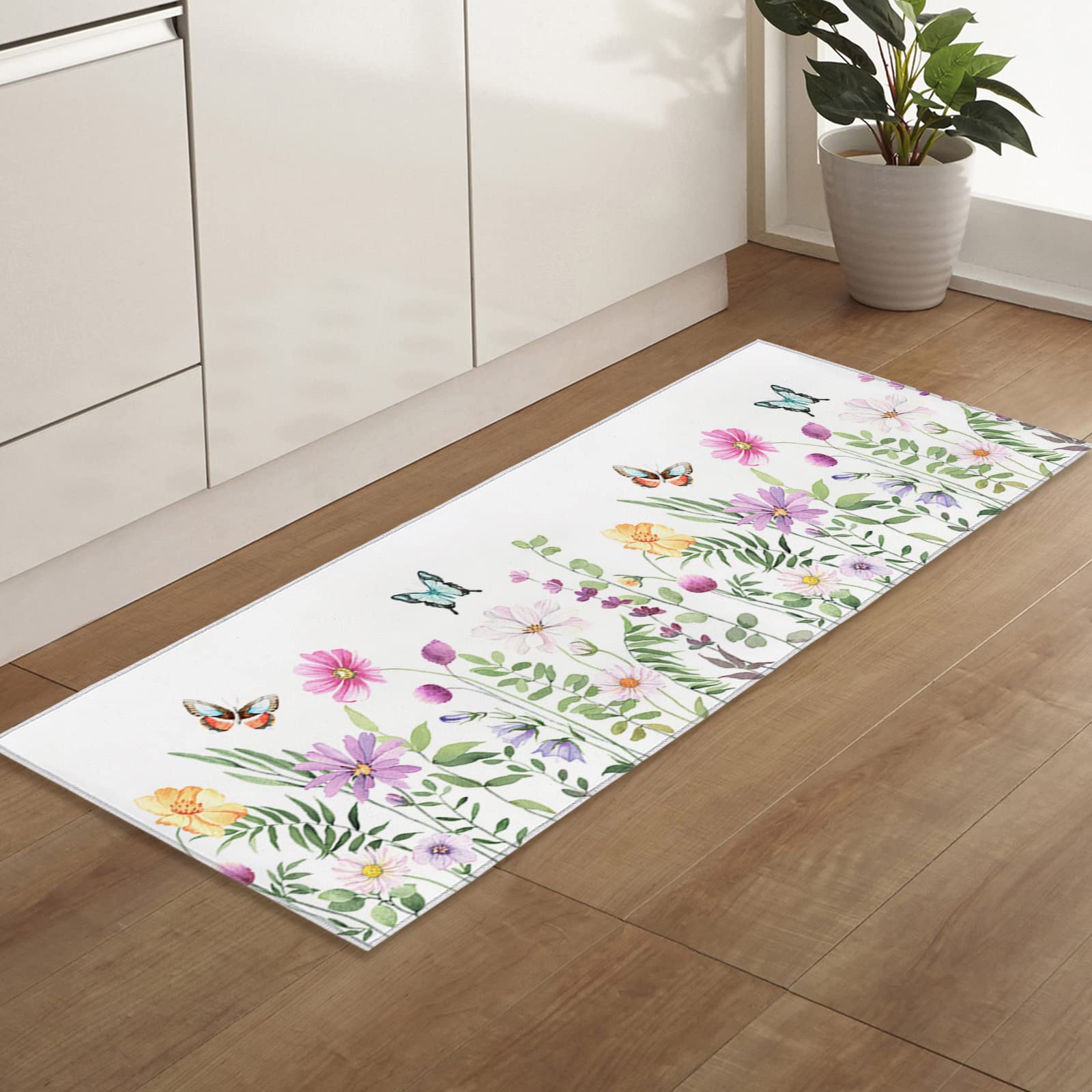 **Non-Slip Indoor Door Mat with TPR Backing - Soft Absorbent Bath Rug, Minimalist White Spring Flowers & Butterflies Design - Washable Front Door Mat for Home, Office, or Apartment - 24x71 Inch - Perfect for Entryway, Bathroom, or Kitchen**