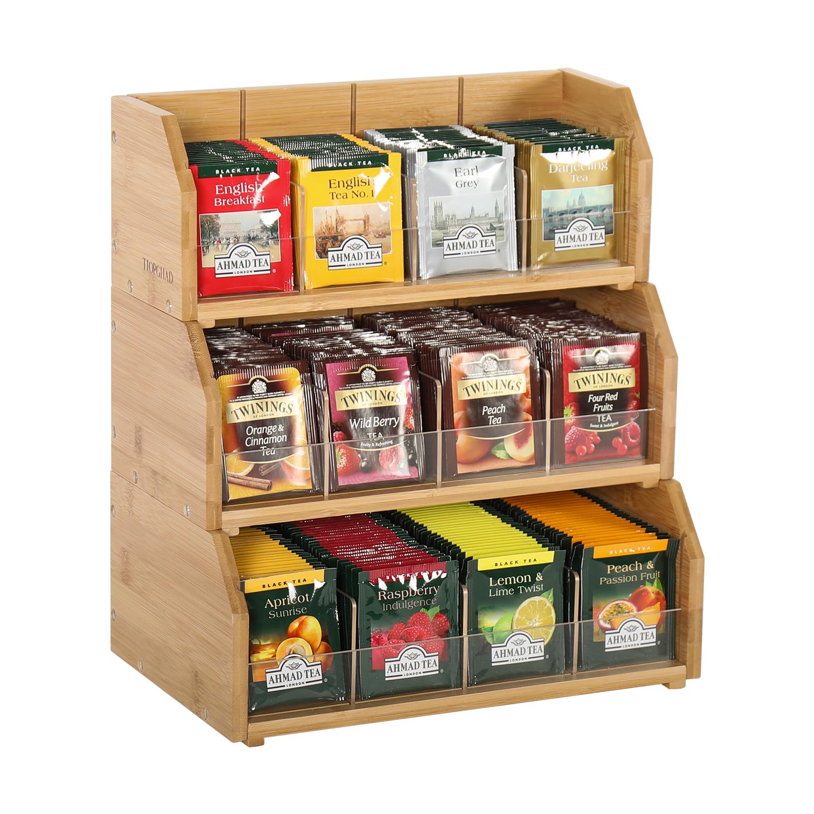 3-Tier Stackable Bamboo Tea Bag Organizer - Wooden Tea Box Container with Patented Design for Kitchen, Office & Countertop Storage - Perfect for Organizing Tea Bags in Cabinets or Desks